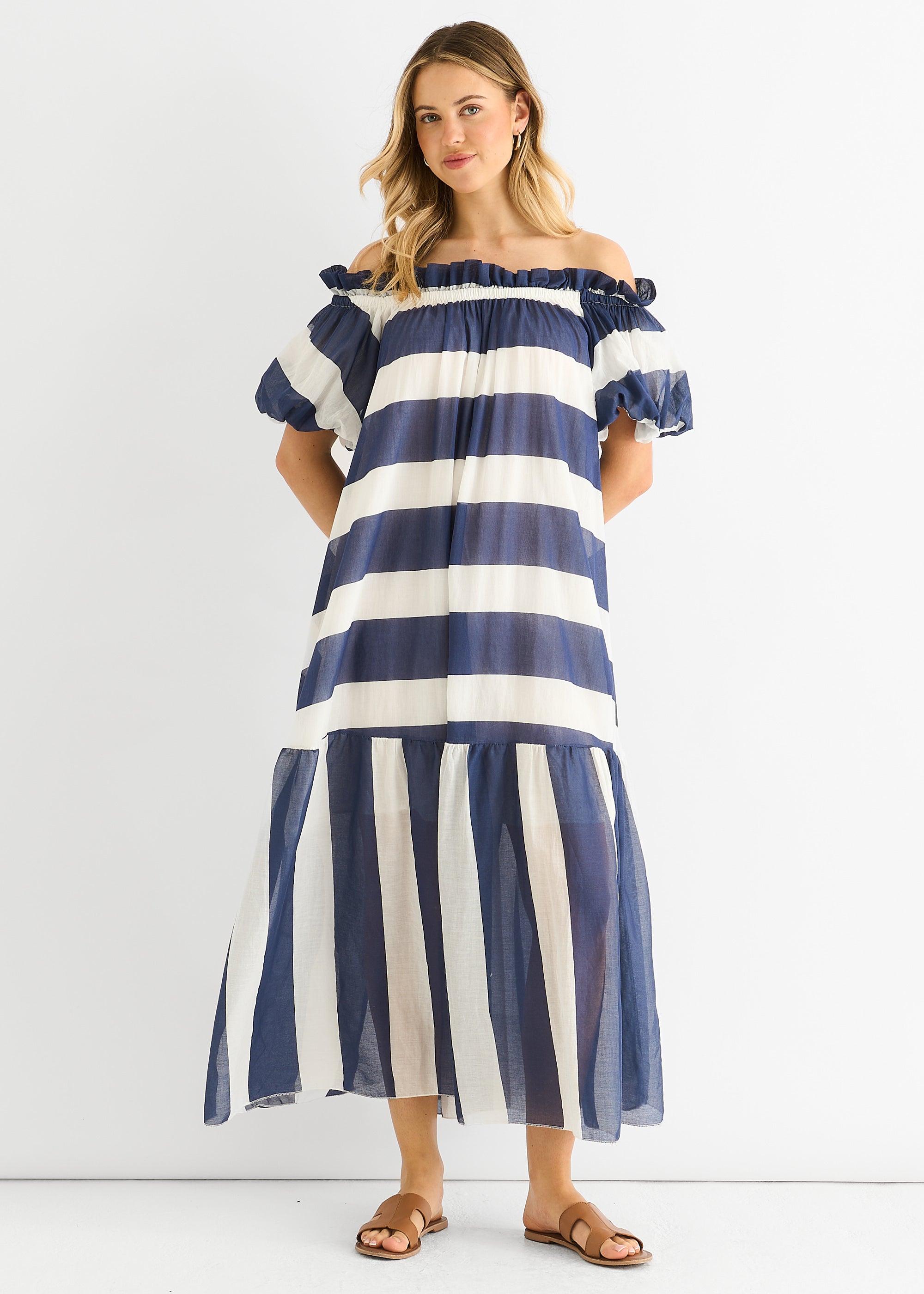 Gini London Blue Cotton Voil Bardot Stripe Midaxi Dress