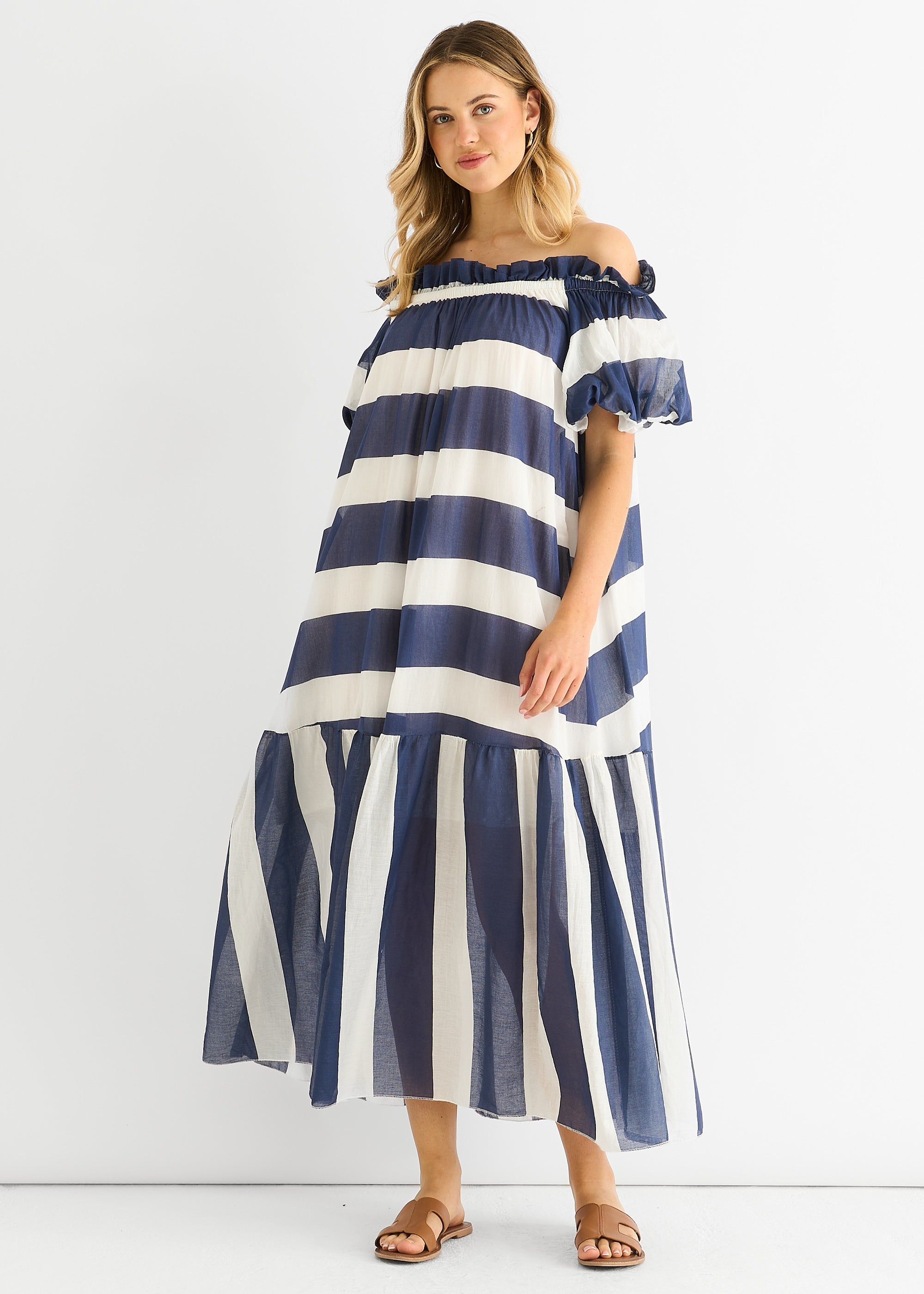 Gini London Blue Cotton Voil Bardot Stripe Midaxi Dress