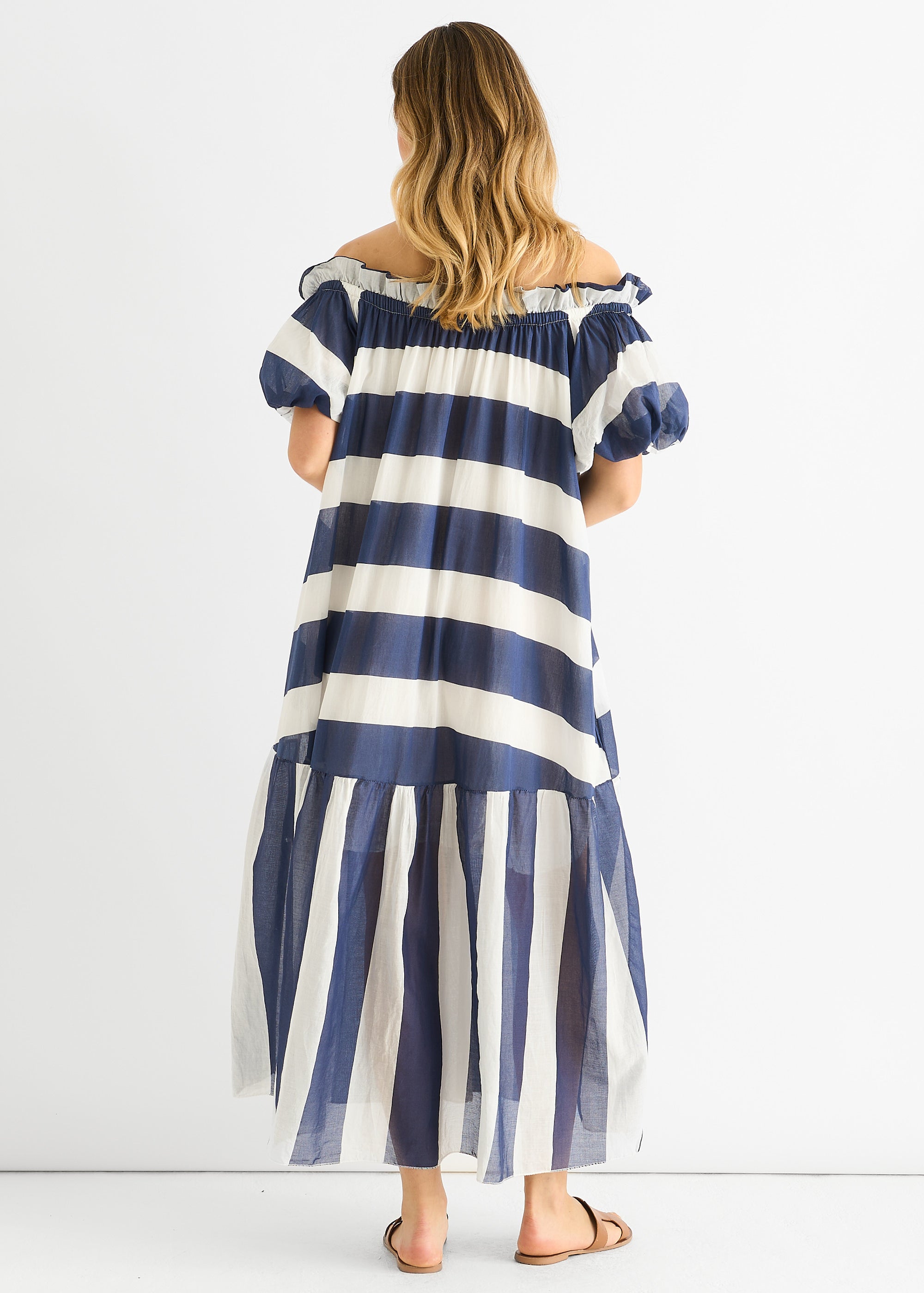 Gini London Blue Cotton Voil Bardot Stripe Midaxi Dress