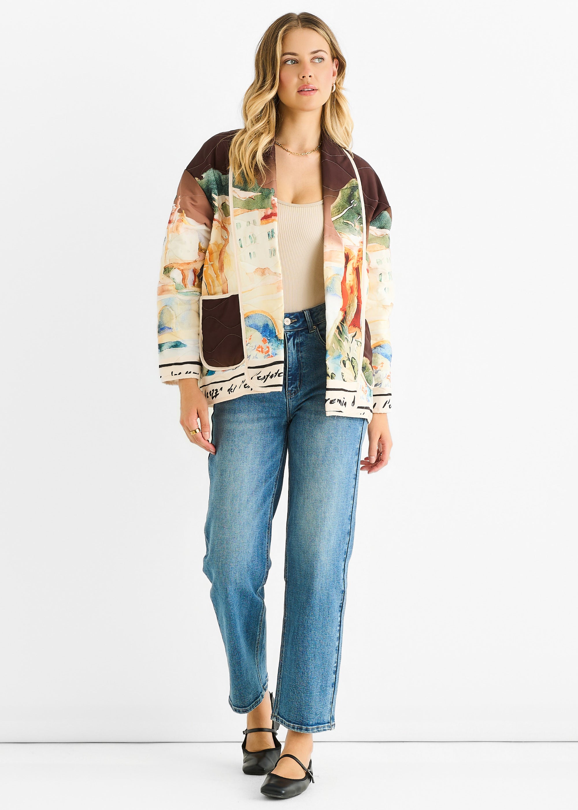 Gini London Chocolate Water Print Lightweight Quilted  Jacket