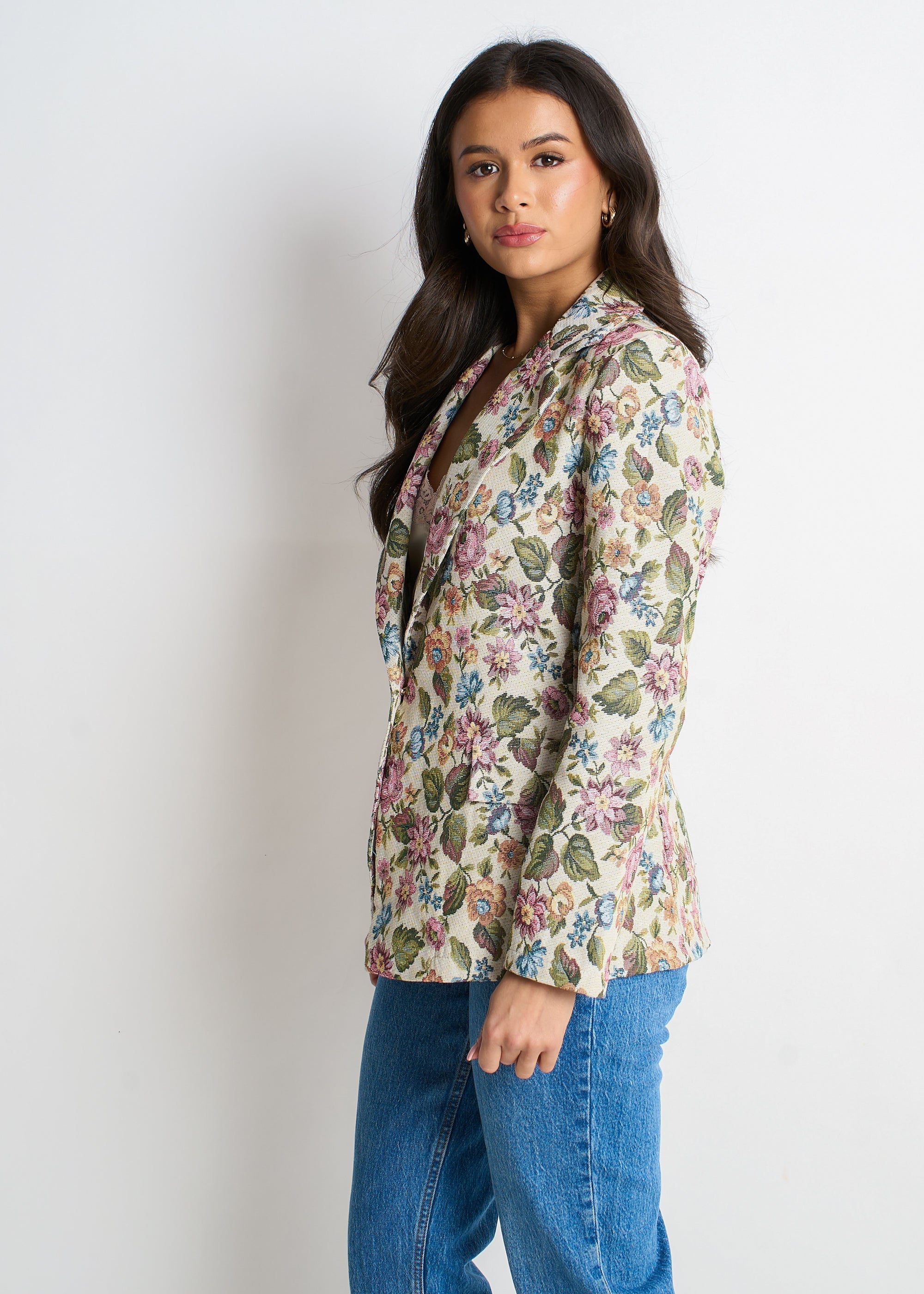 Gini London Beige Floral Jacquard Tailored Blazer