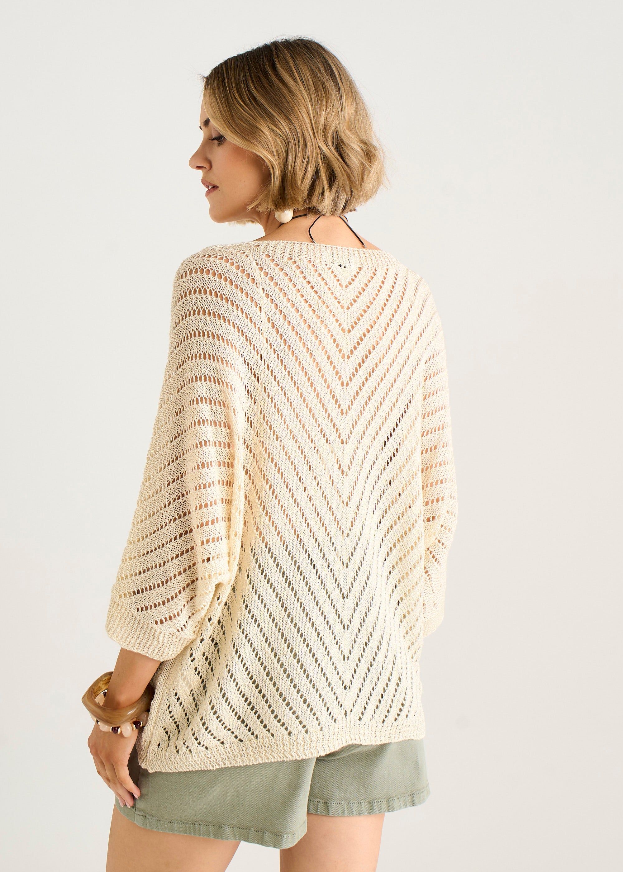 Beige V-Neck Chevron Crochet Knit Top