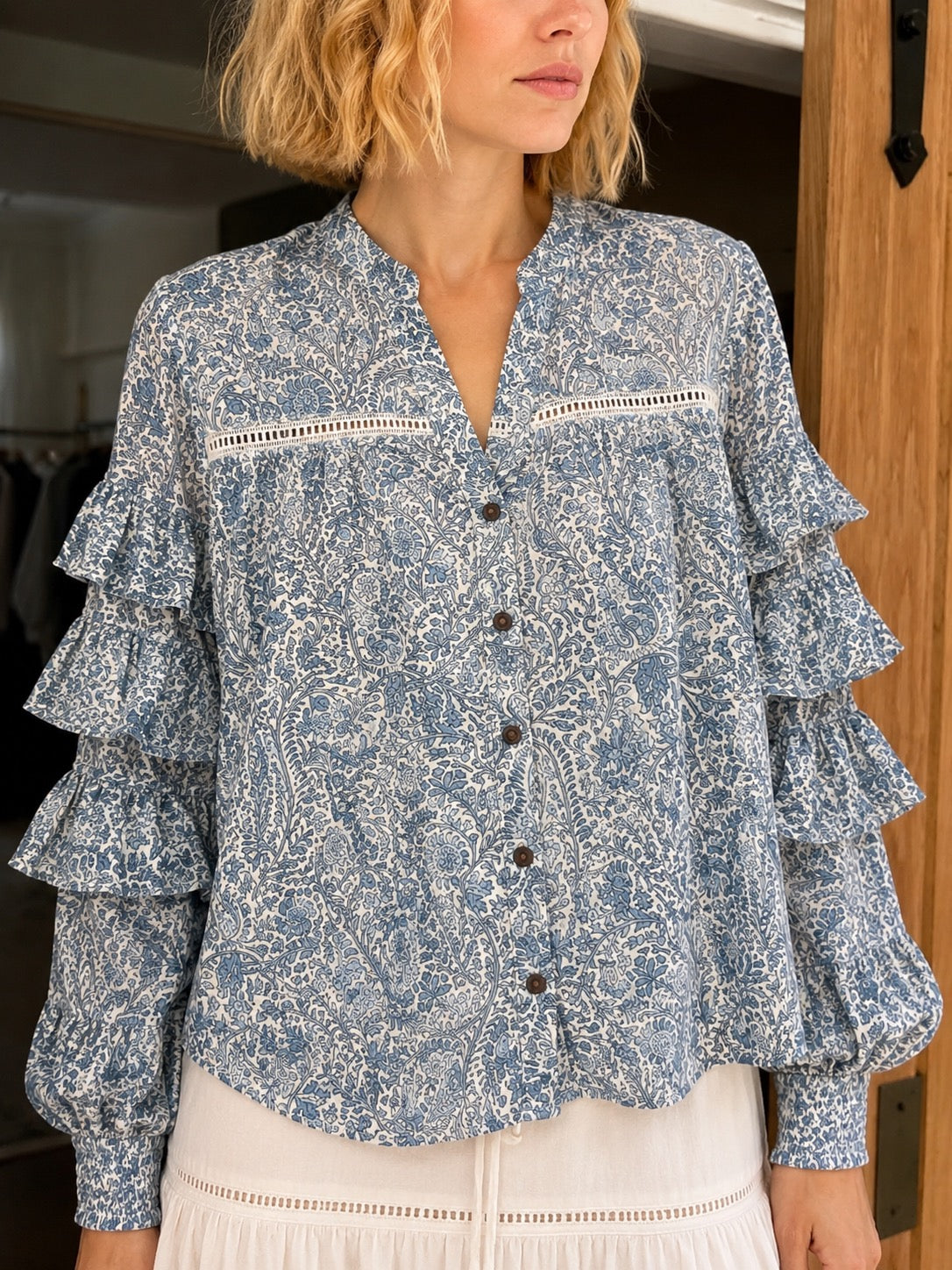 Soul Of Sita Liberty Woodblock Printed Frill Sleeve Blouse In Blue Paisley Floral