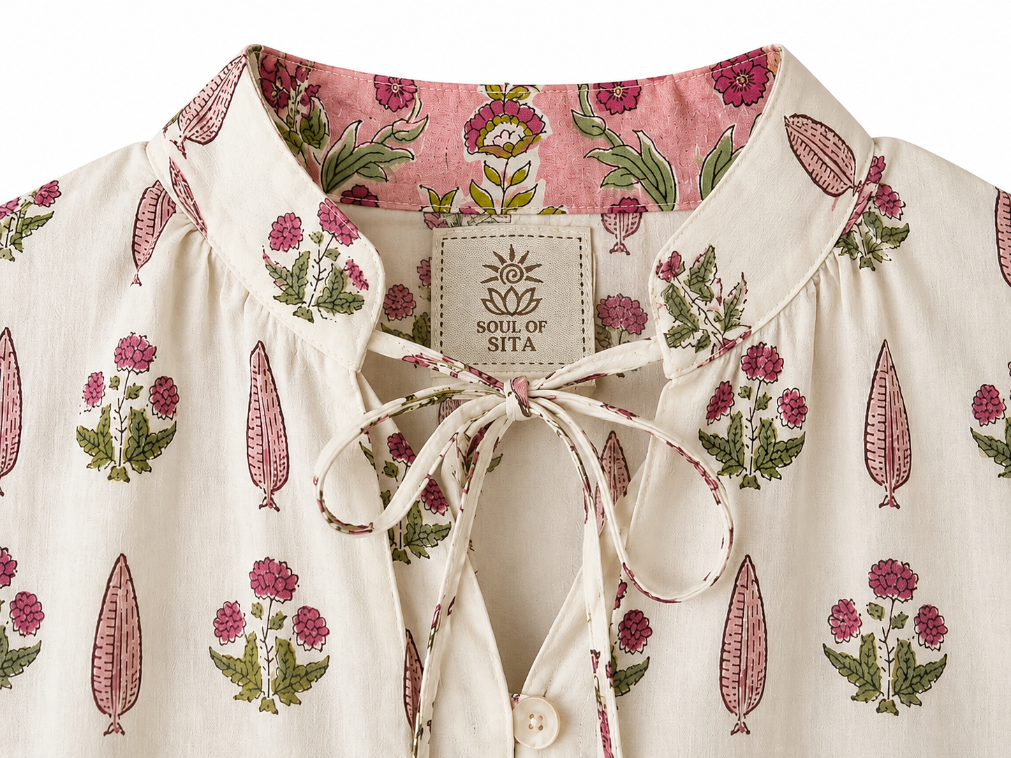 Soul Of Sita Lalita Cream Woodblock Print Maxi Dress 100% Cotton, Side Pockets And Border