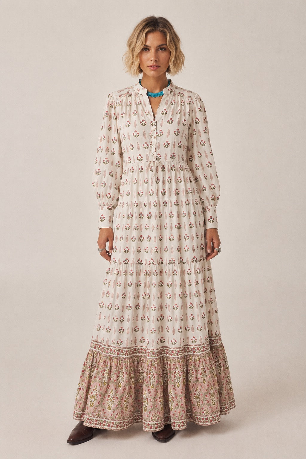 Soul Of Sita Lalita Cream Woodblock Print Maxi Dress 100% Cotton, Side Pockets And Border