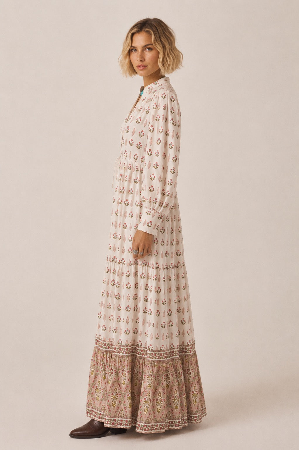 Soul Of Sita Lalita Cream Woodblock Print Maxi Dress 100% Cotton, Side Pockets And Border