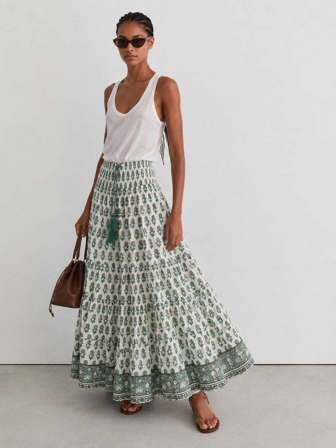 Soul Of Sita Woodblock Printed Cotton Voile Maxi Skirt With Border Print.