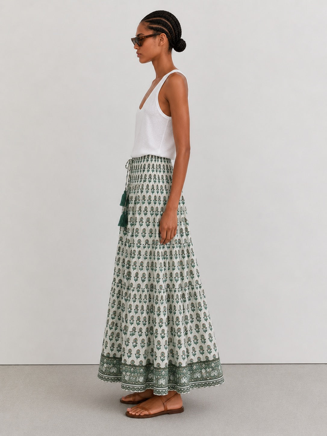 Soul Of Sita Woodblock Printed Cotton Voile Maxi Skirt With Border Print.