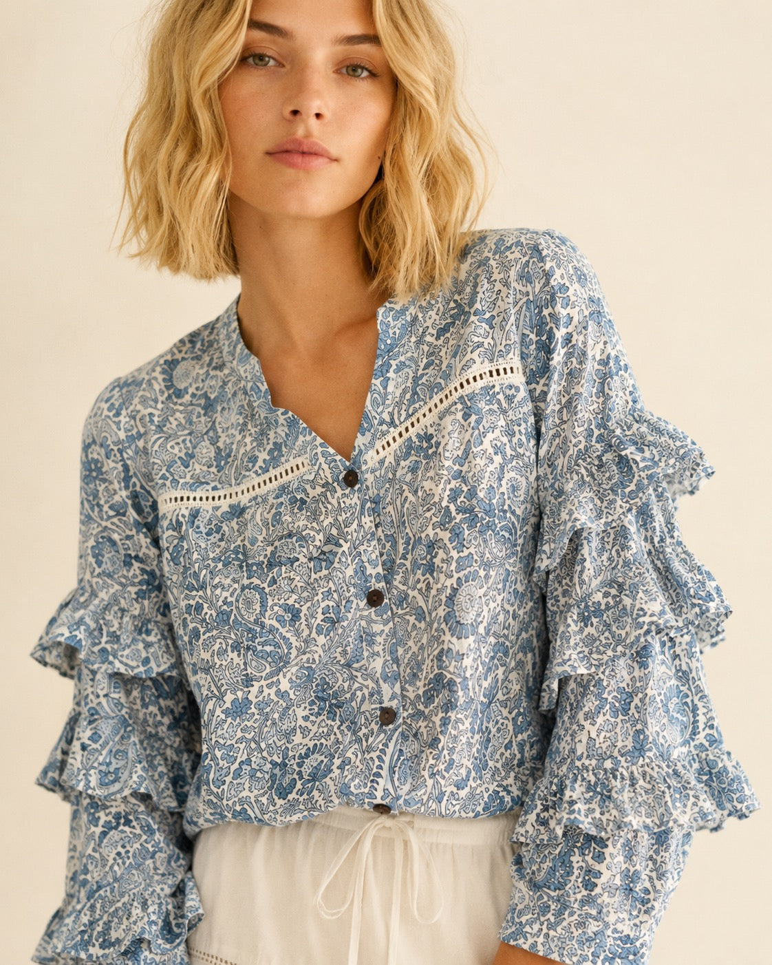 Soul Of Sita Liberty Woodblock Printed Frill Sleeve Blouse In Blue Paisley Floral