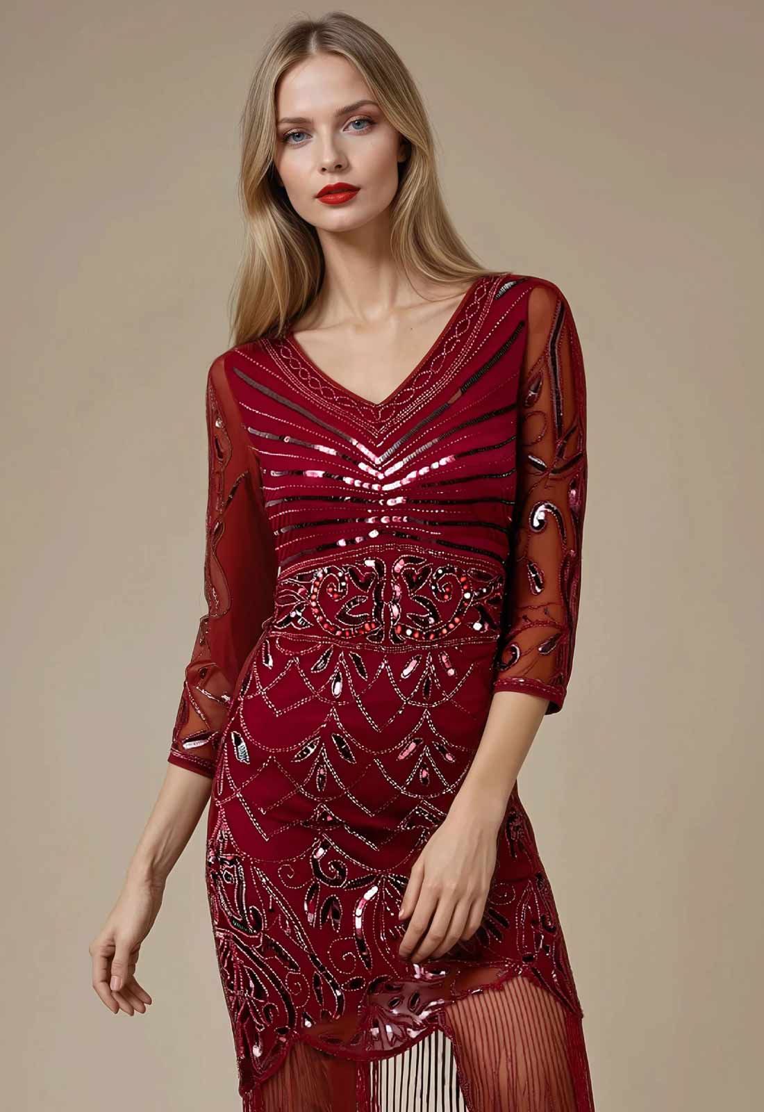 Woman wearing a red sequin dress against a beige background