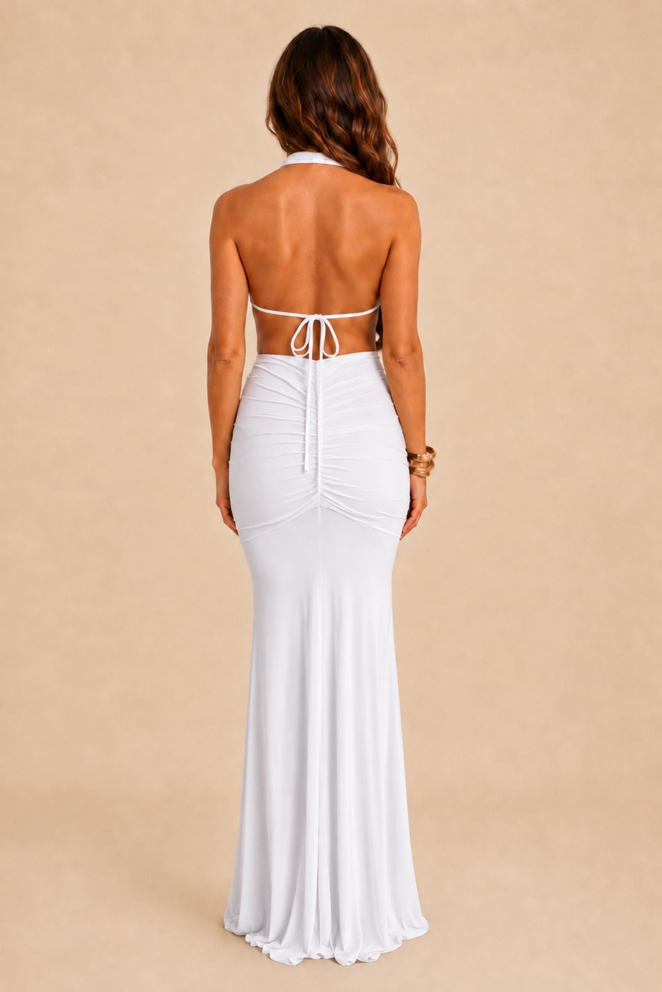 Back view of Keira White Backless Maxi Dress bridal gown