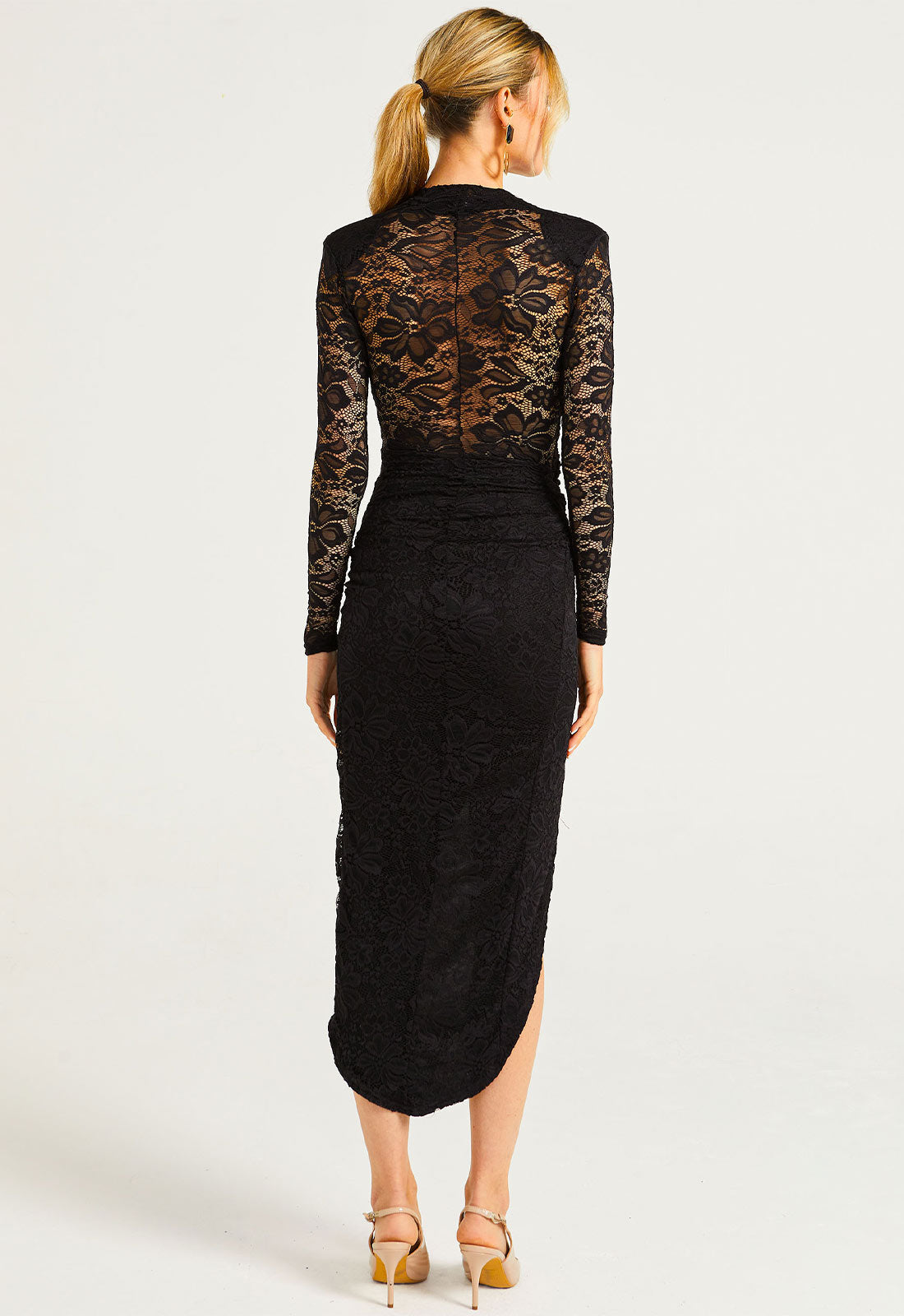Black lace dress with long sleeves on a white background