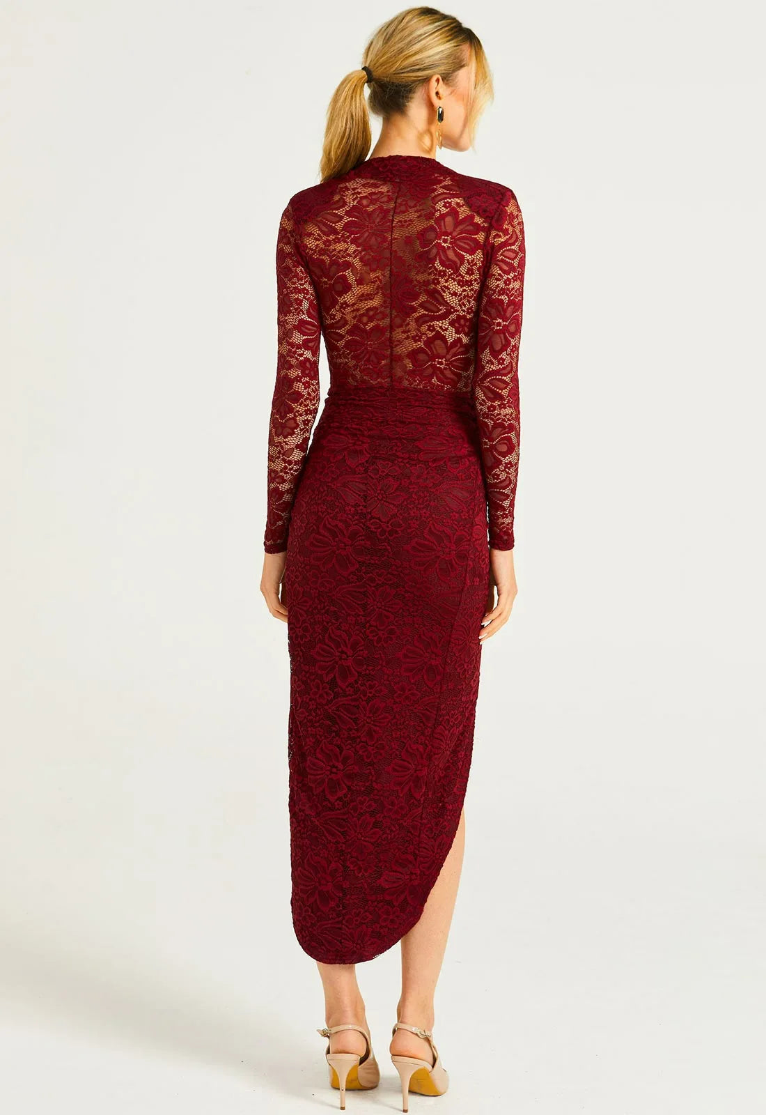 AngelEye Burgundy Lace Sleeve Cocktail Dress