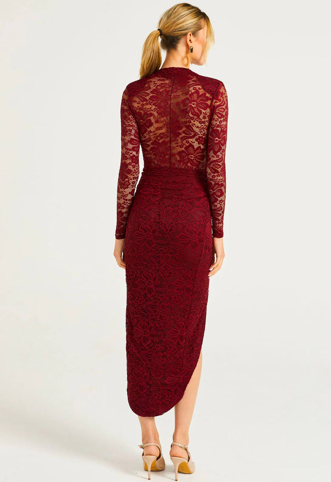 ANGELEYE Burgundy Lace Sheer Back Wrap Dress