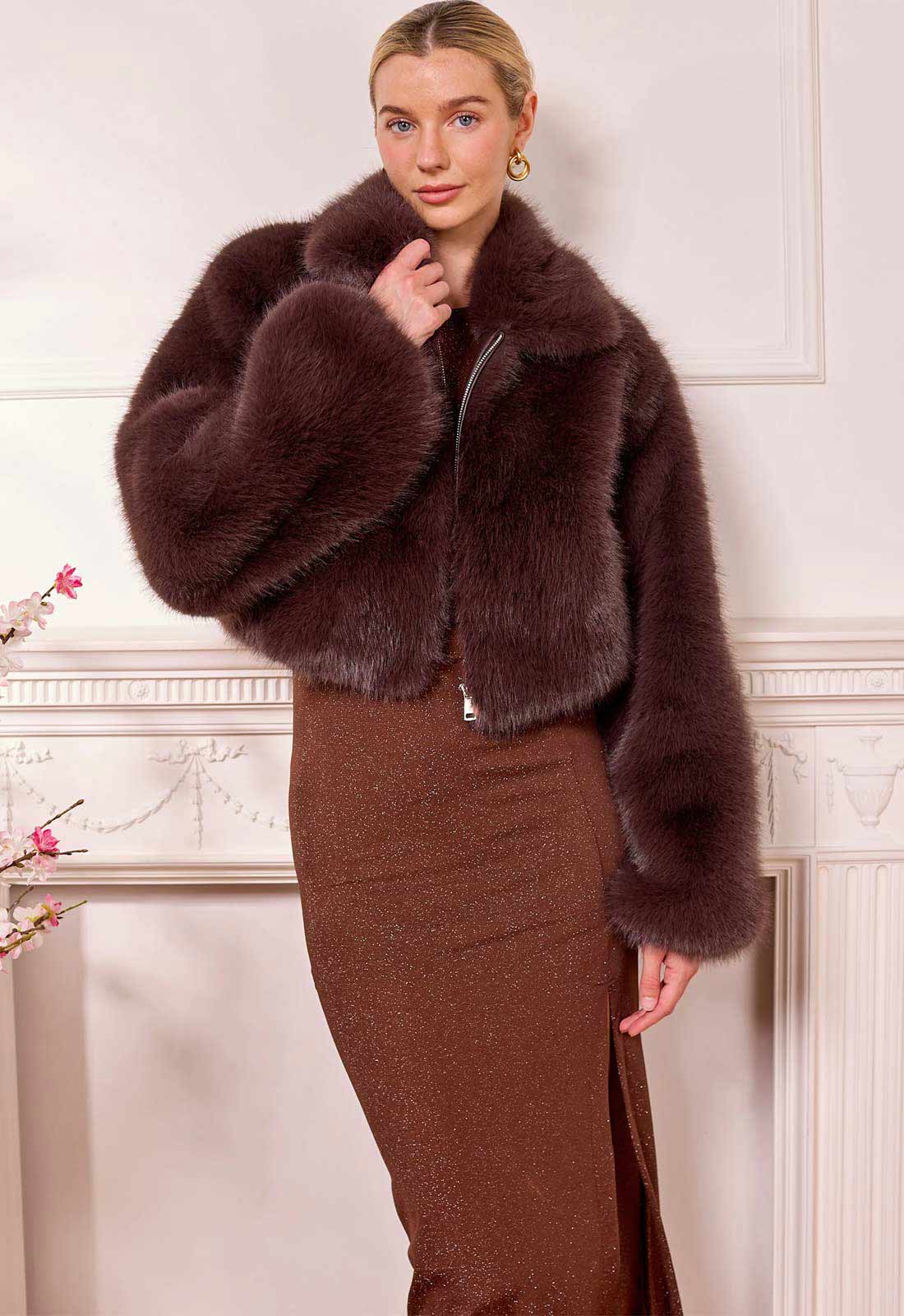 AngelEye Short Faux Fur Coat with Zip in Plum