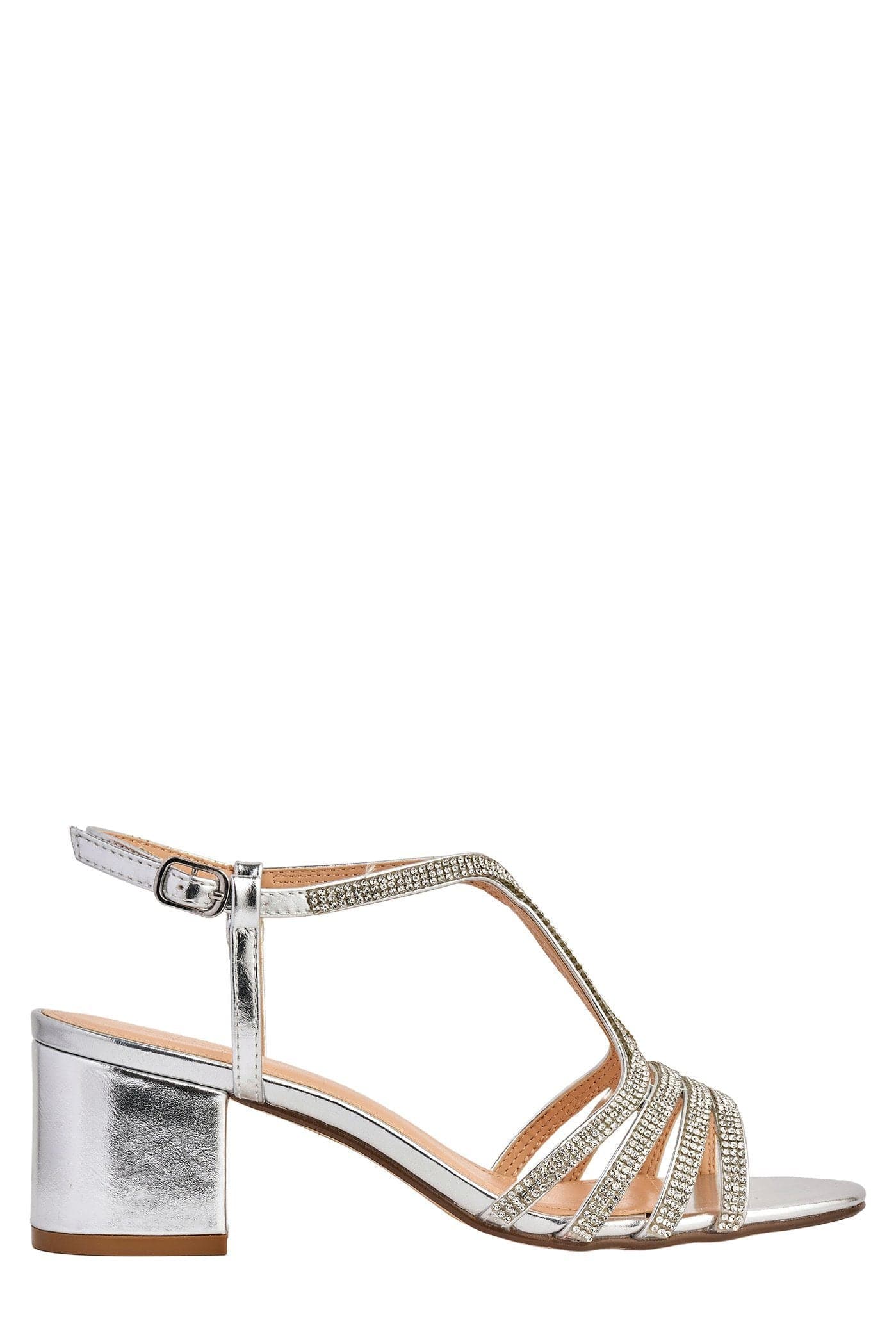 Amanda Ankle Strap T-bar Low Block Heel in Silver Partywear Miss Diva 