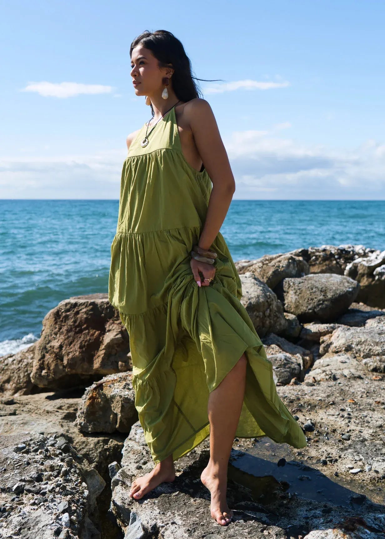 Gini London Khaki Tiered Halter Maxi Trapeze Dress