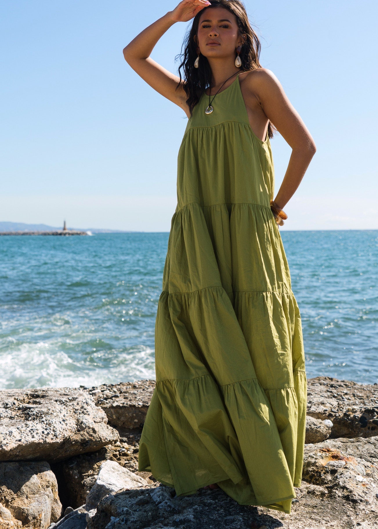 Gini London Khaki Tiered Halter Maxi Trapeze Dress