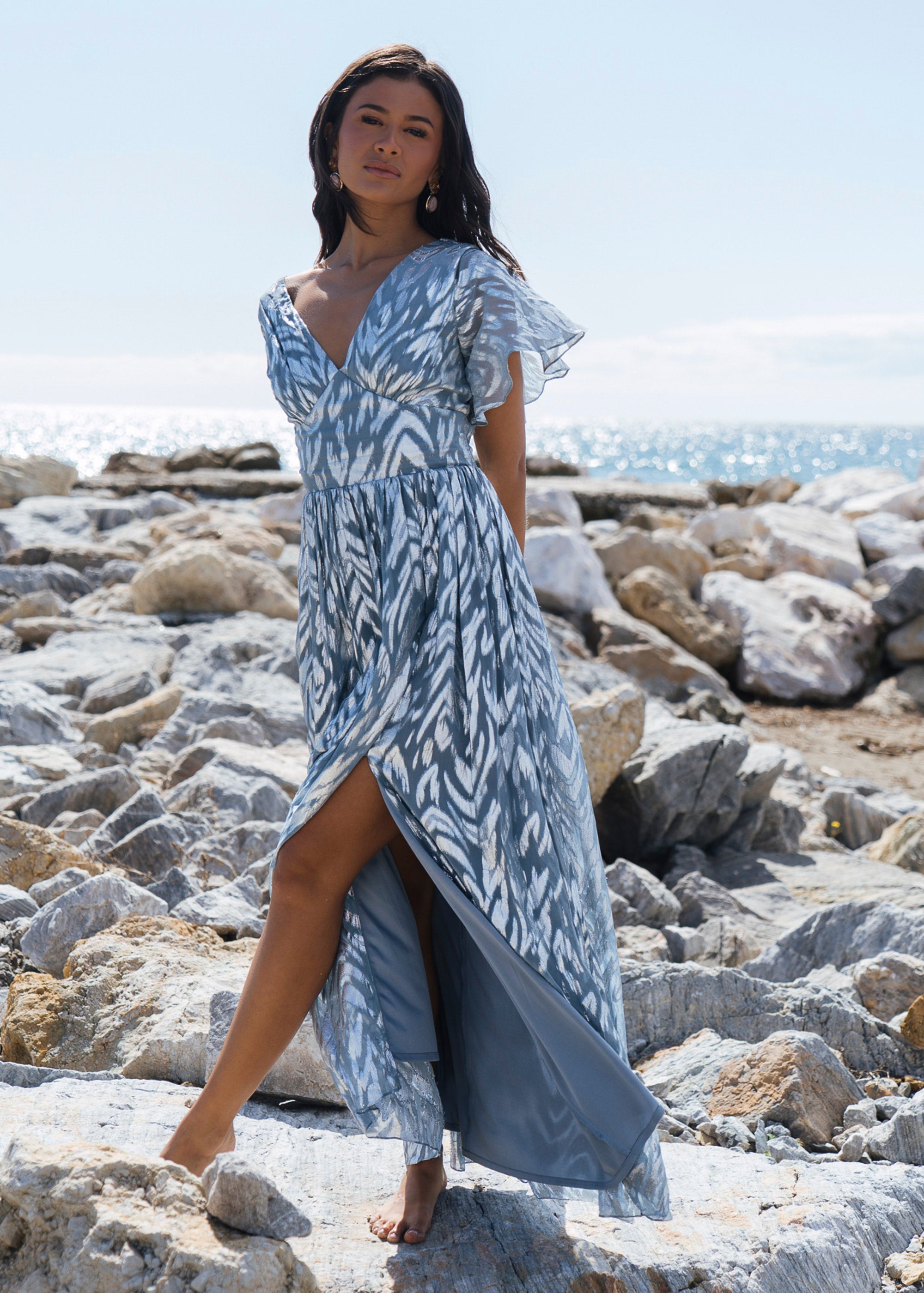 Gini London Blue Foil Metallic Print Short Sleeves Maxi Dress