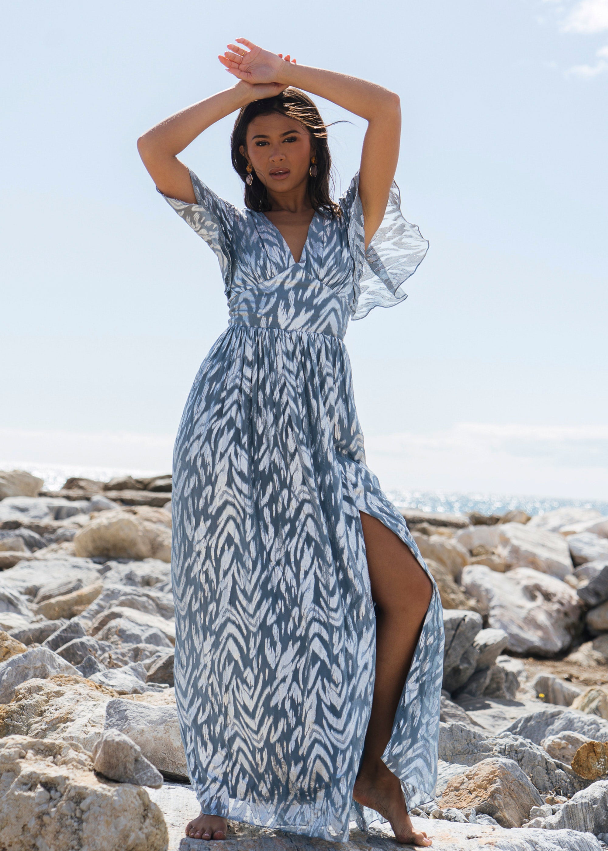Gini London Blue Foil Metallic Print Short Sleeves Maxi Dress