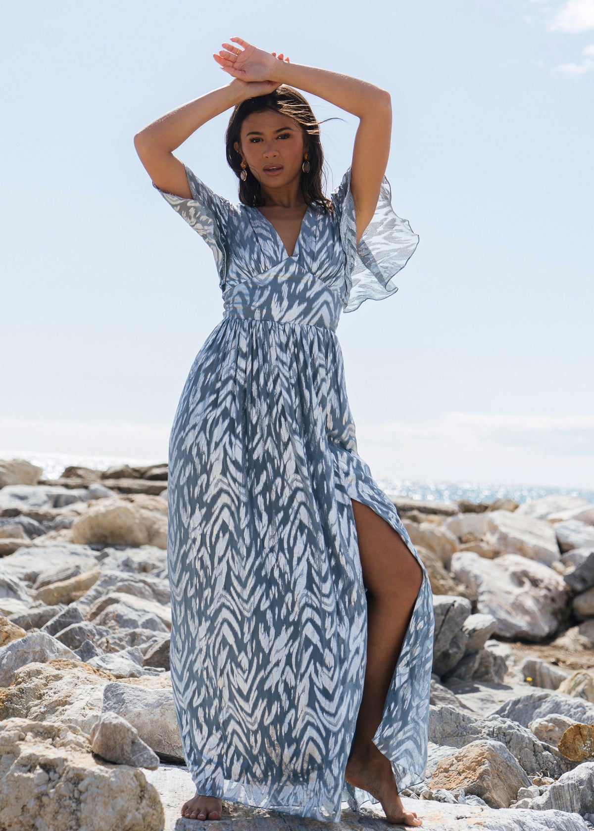 Gini London Blue Foil Metallic Print Short Sleeves Maxi Dress