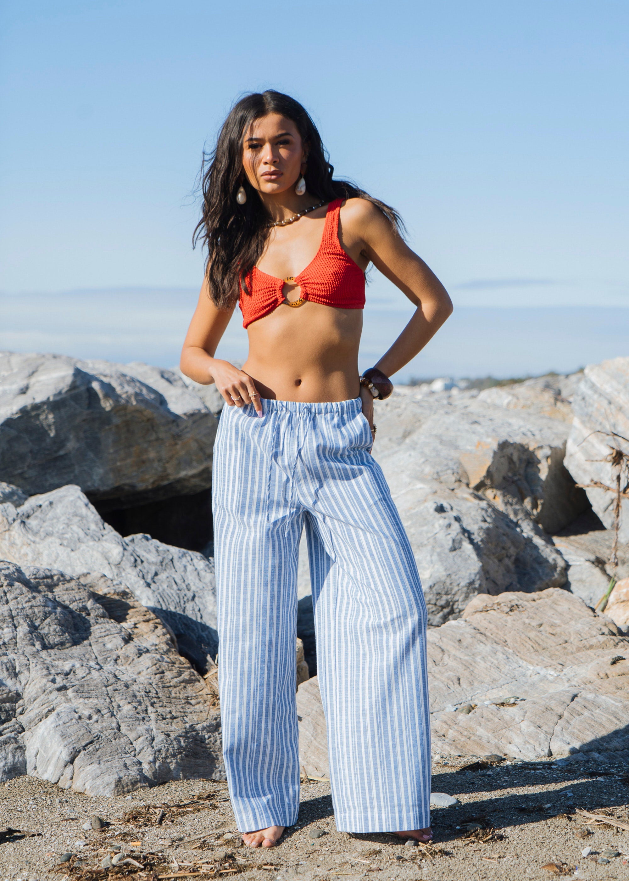 Gini London Blue Linen Mix Stripe Trousers