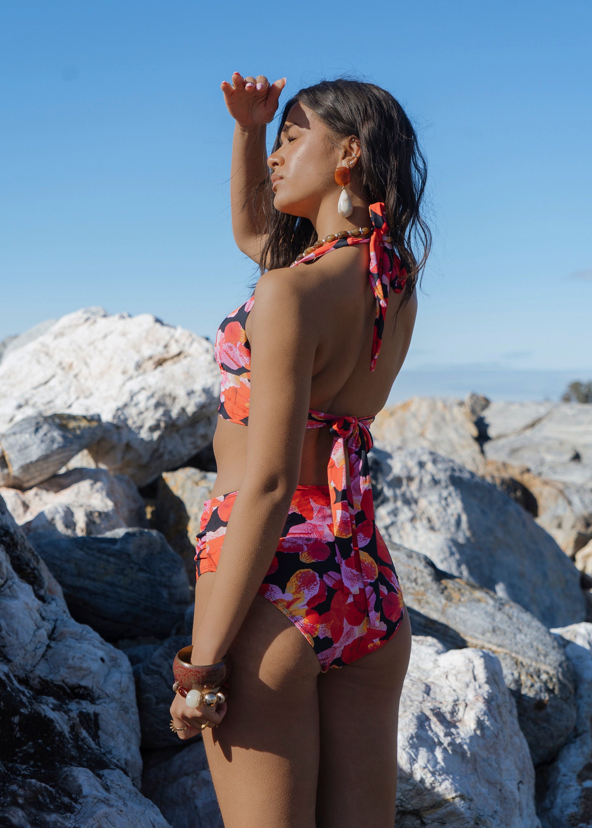 Gini London Black Contrast Floral High Waisted Bikini Bottom