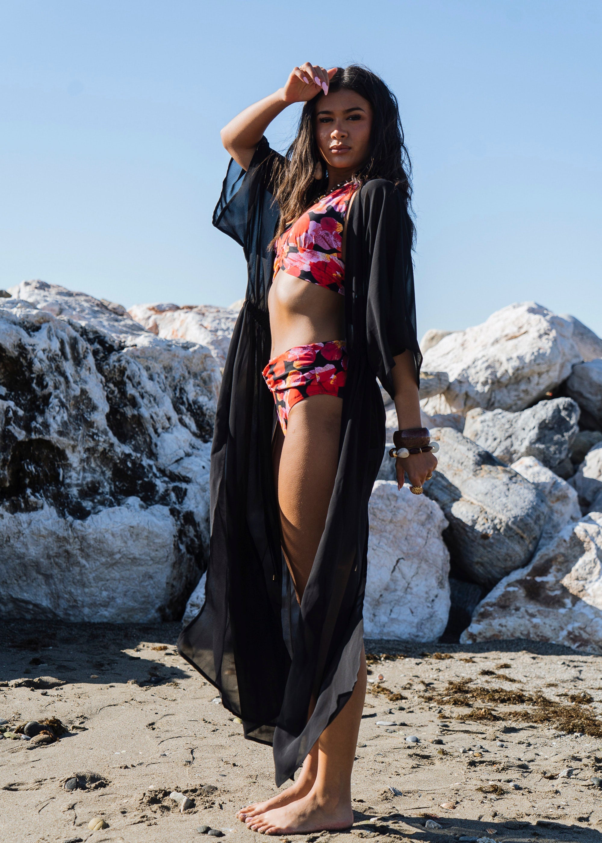 Gini London Black Flowy Open Front Beach Cover Kimono