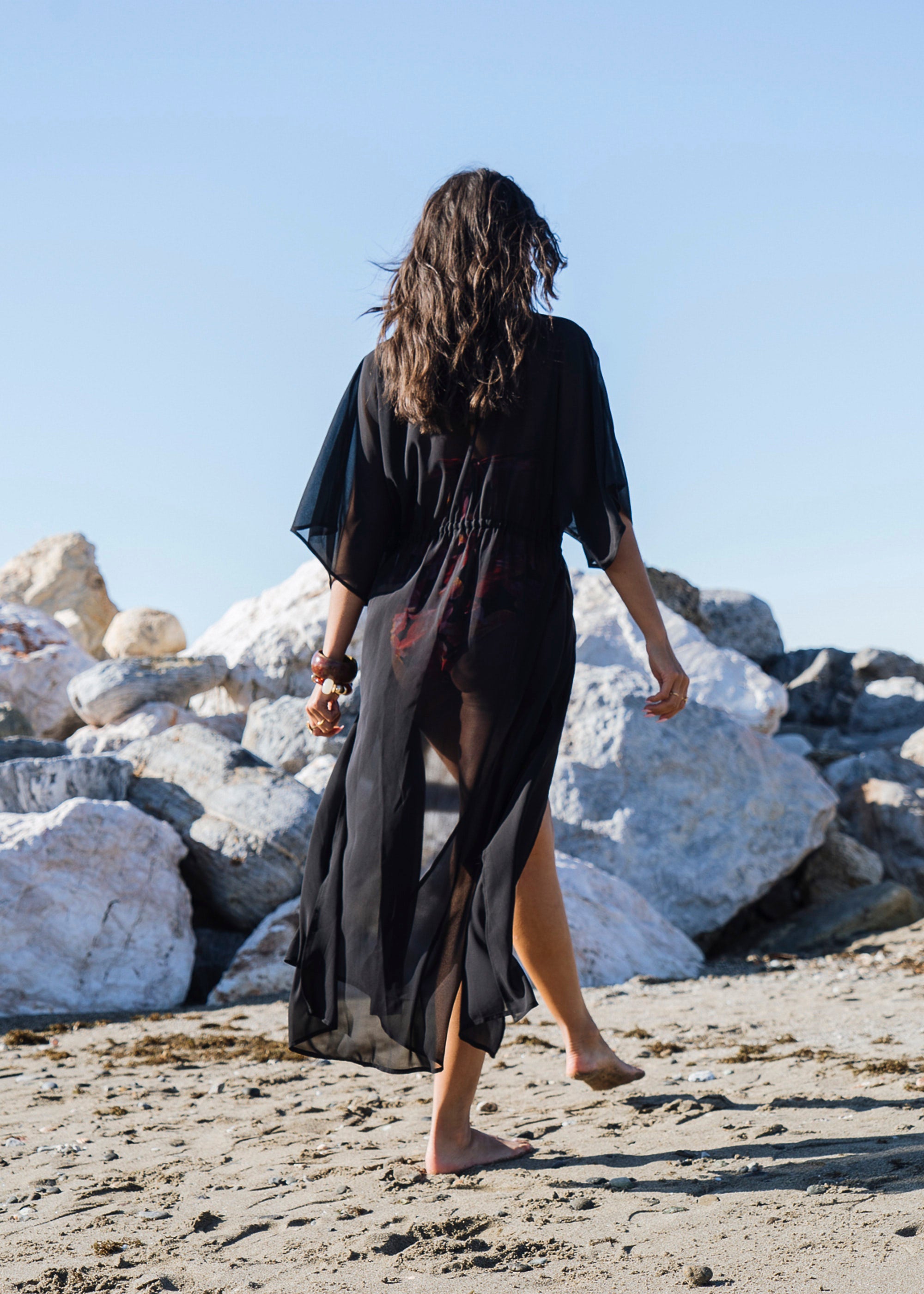 Black Flowy Open Front Beach Cover Kimono