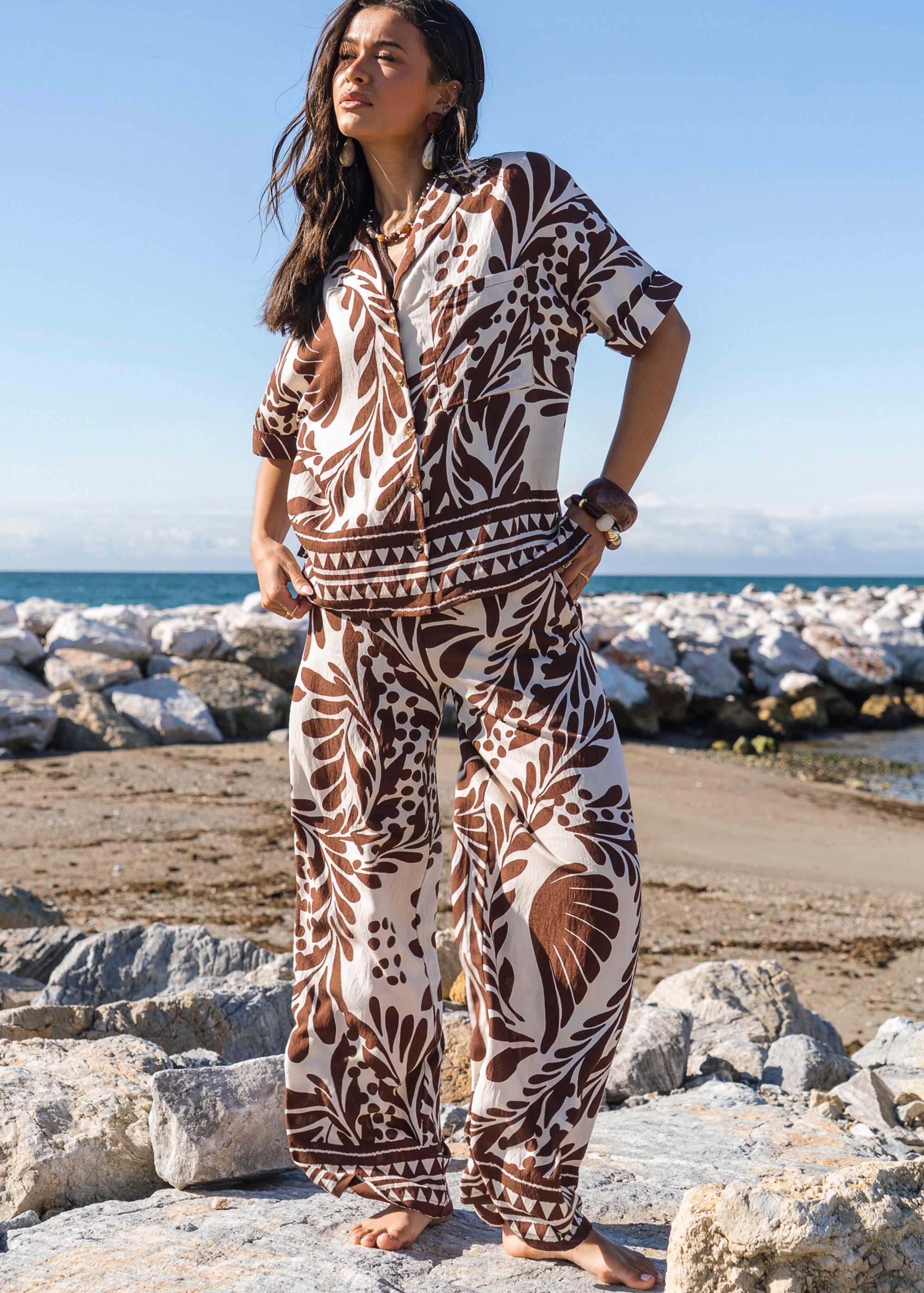 Gini London Chocolate Border Print Elasticated Trousers