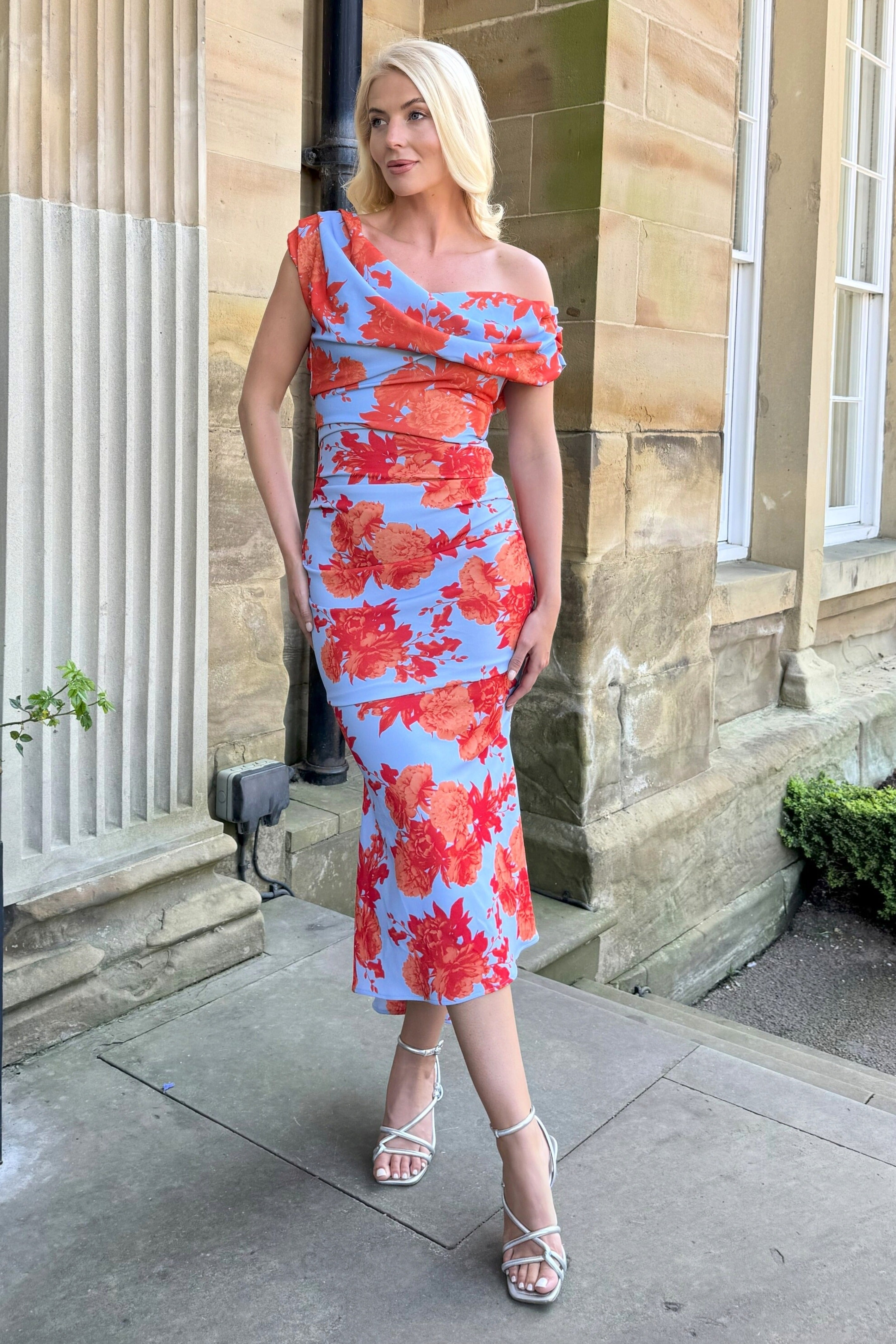 Atom Label Powder Blue & Orange Floral D3 Ss26 Mercury Midi Dress