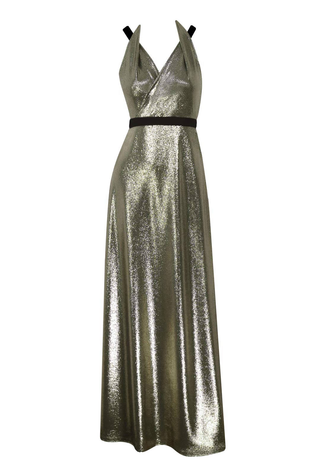 Me and Thee Gold Neck and Neck Metallic Maxi Dress