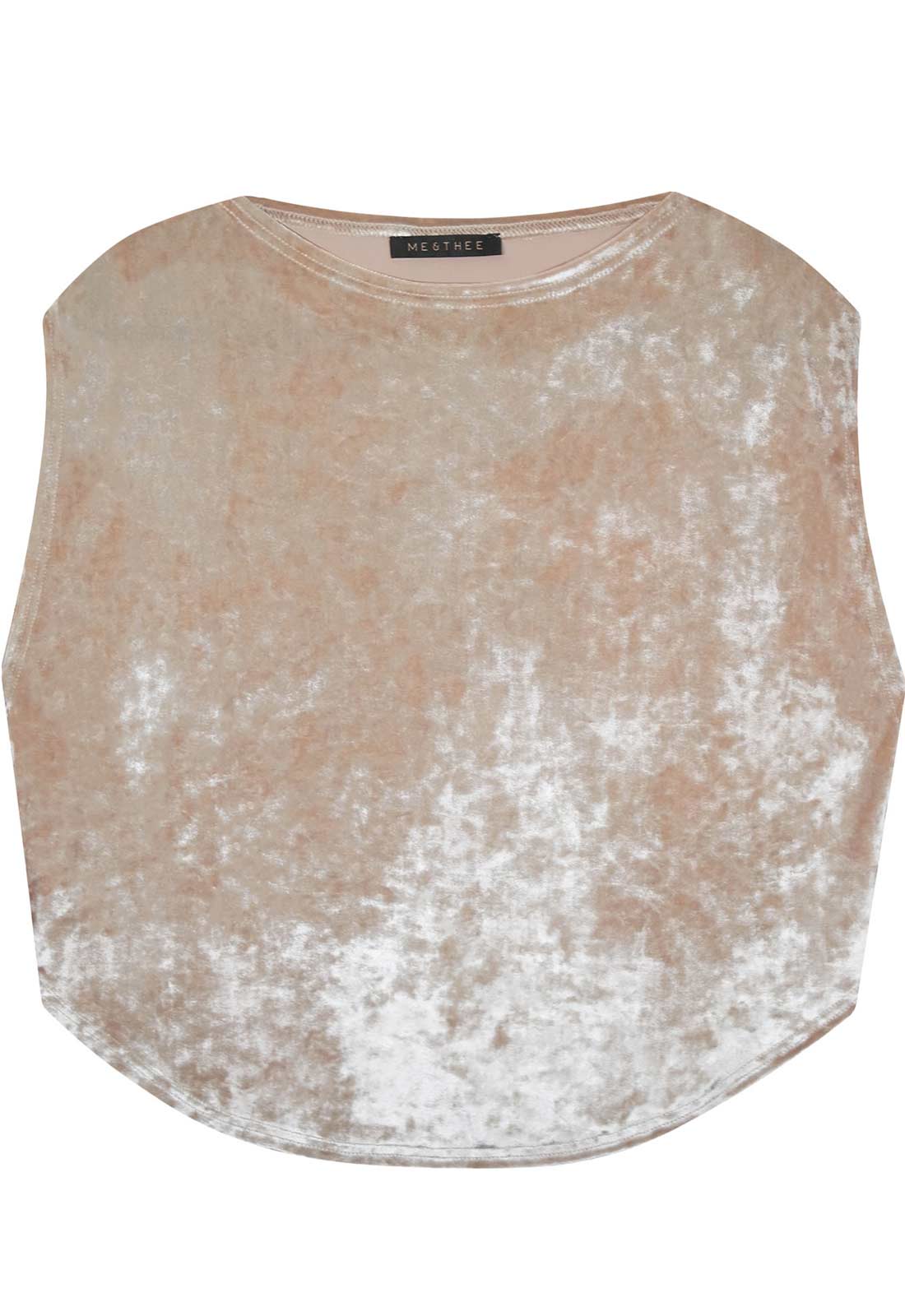 Beige crushed velvet top with a brand label on a white background