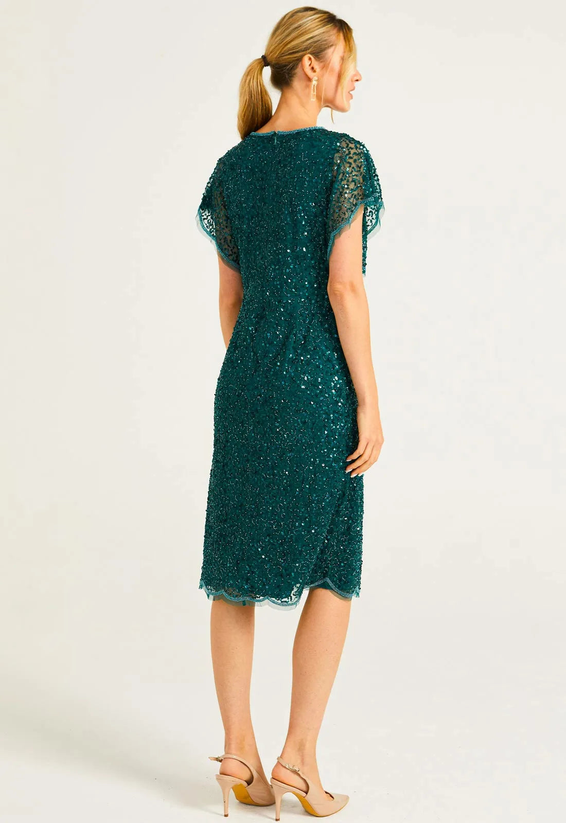 AngelEye Green Sequin Flutter Sleeve Cocktail Dress