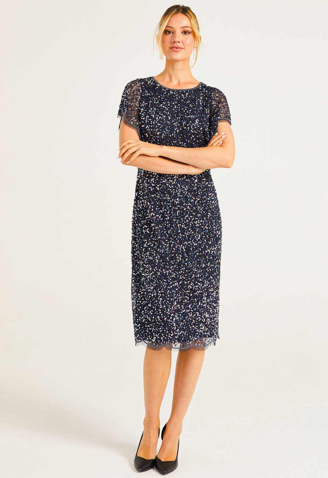 ANGELEYE Navy Sequin Flutter Dress