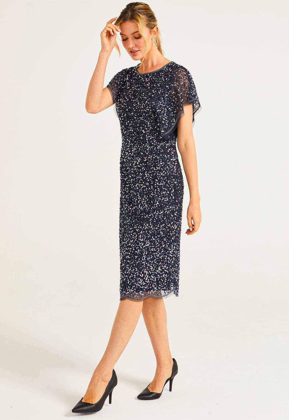 ANGELEYE Navy Sequin Flutter Dress