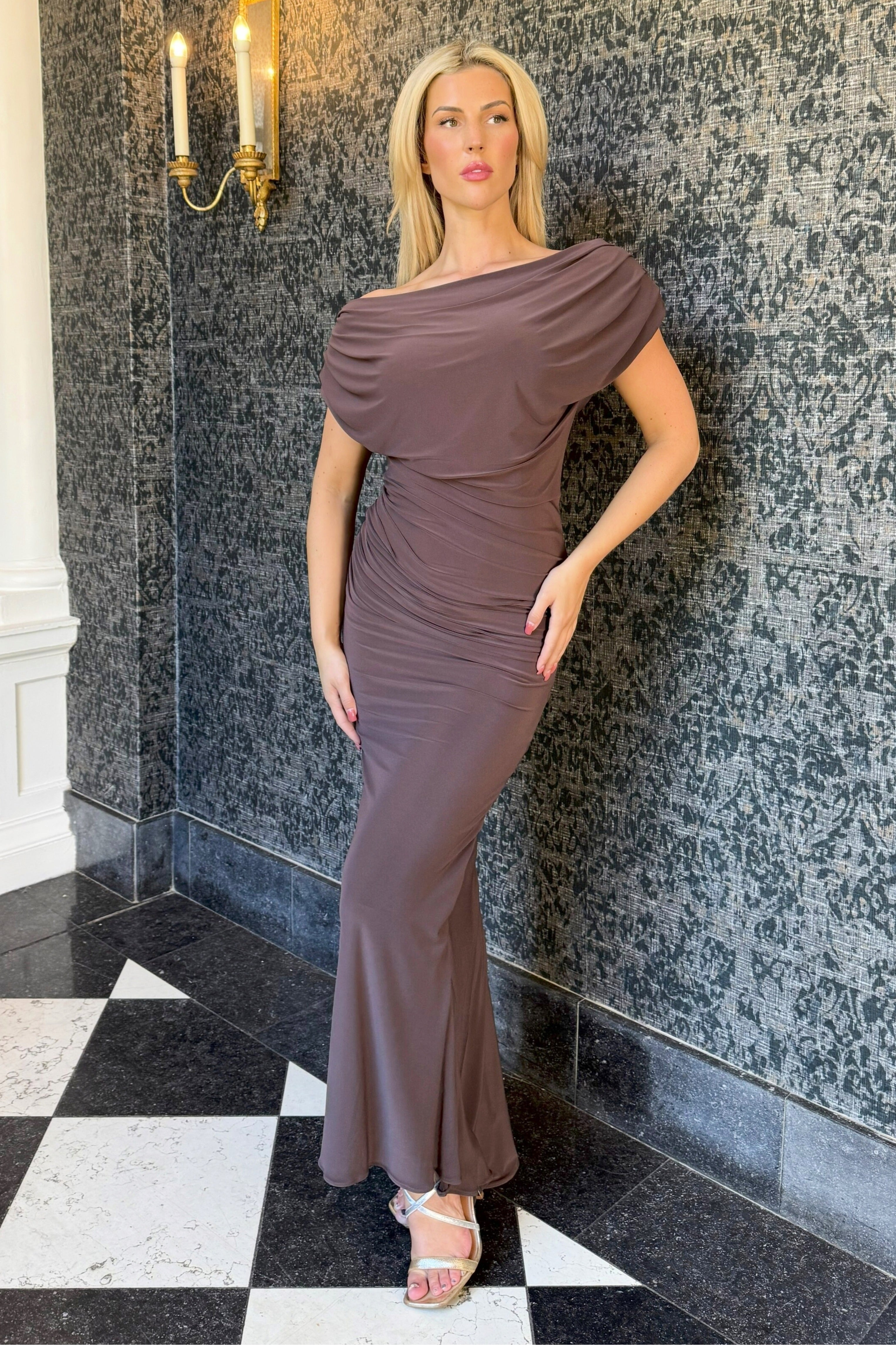 Platinum gown in chocolate