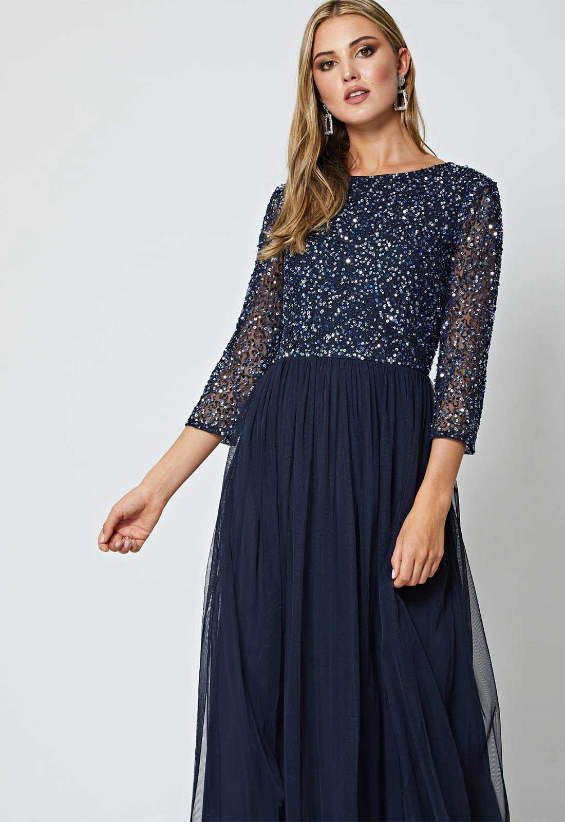 ANGELEYE Bridesmaid Embellished Sequin Maxi Dress in Navy