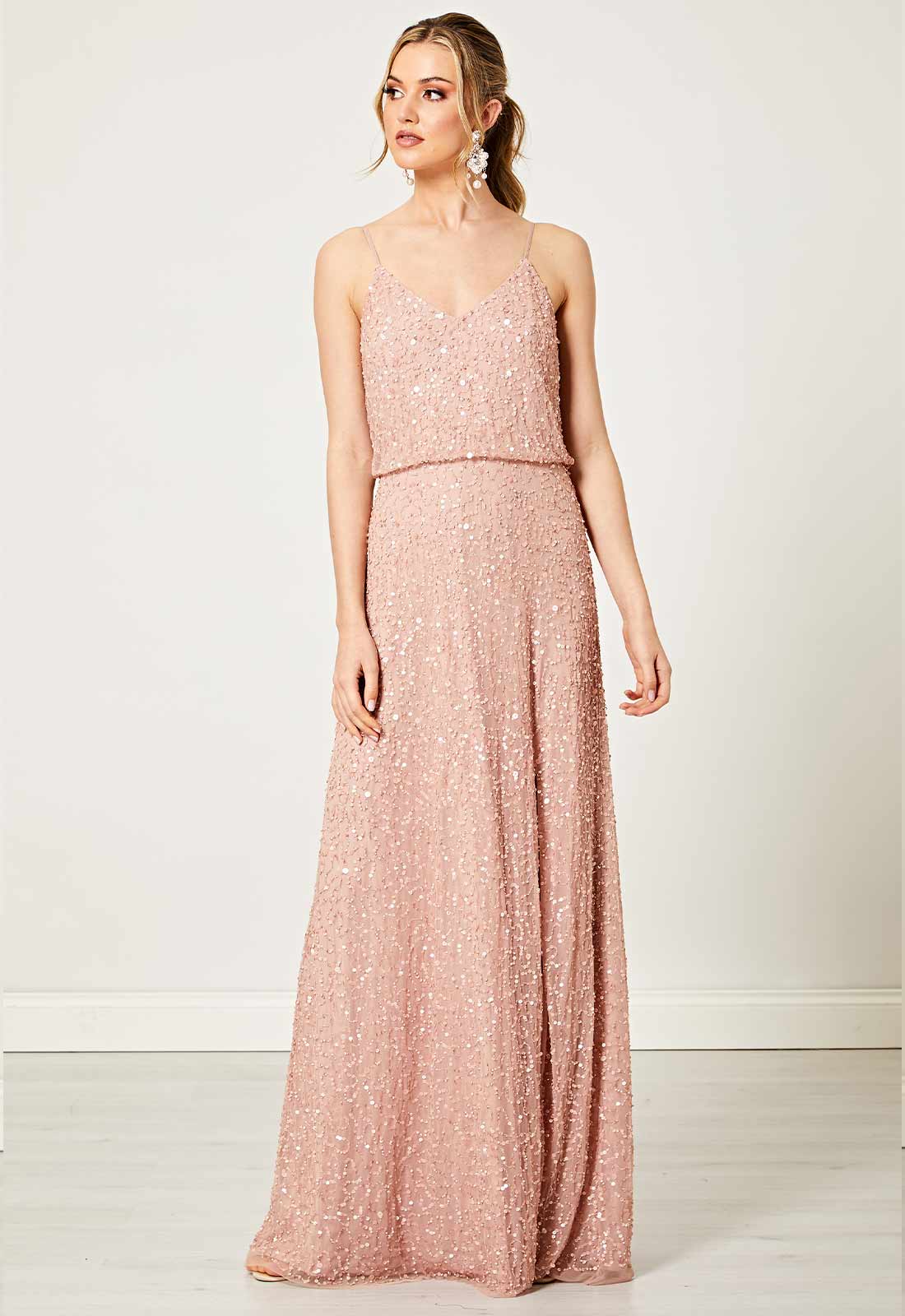 ANGELEYE Bridesmaid Embellished Maxi Sequins Dress with Slit in Pink