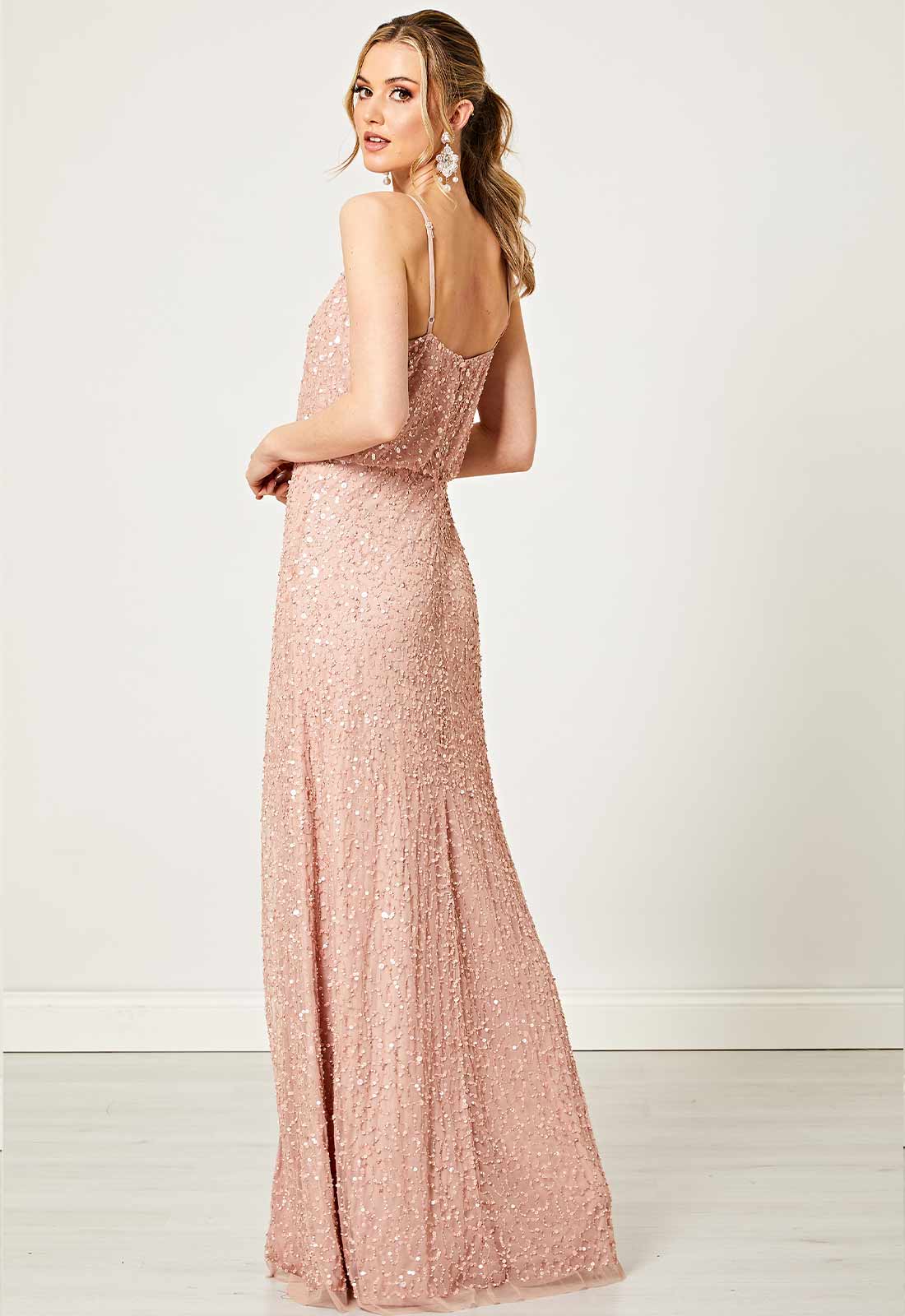ANGELEYE Bridesmaid Embellished Maxi Sequins Dress with Slit in Pink