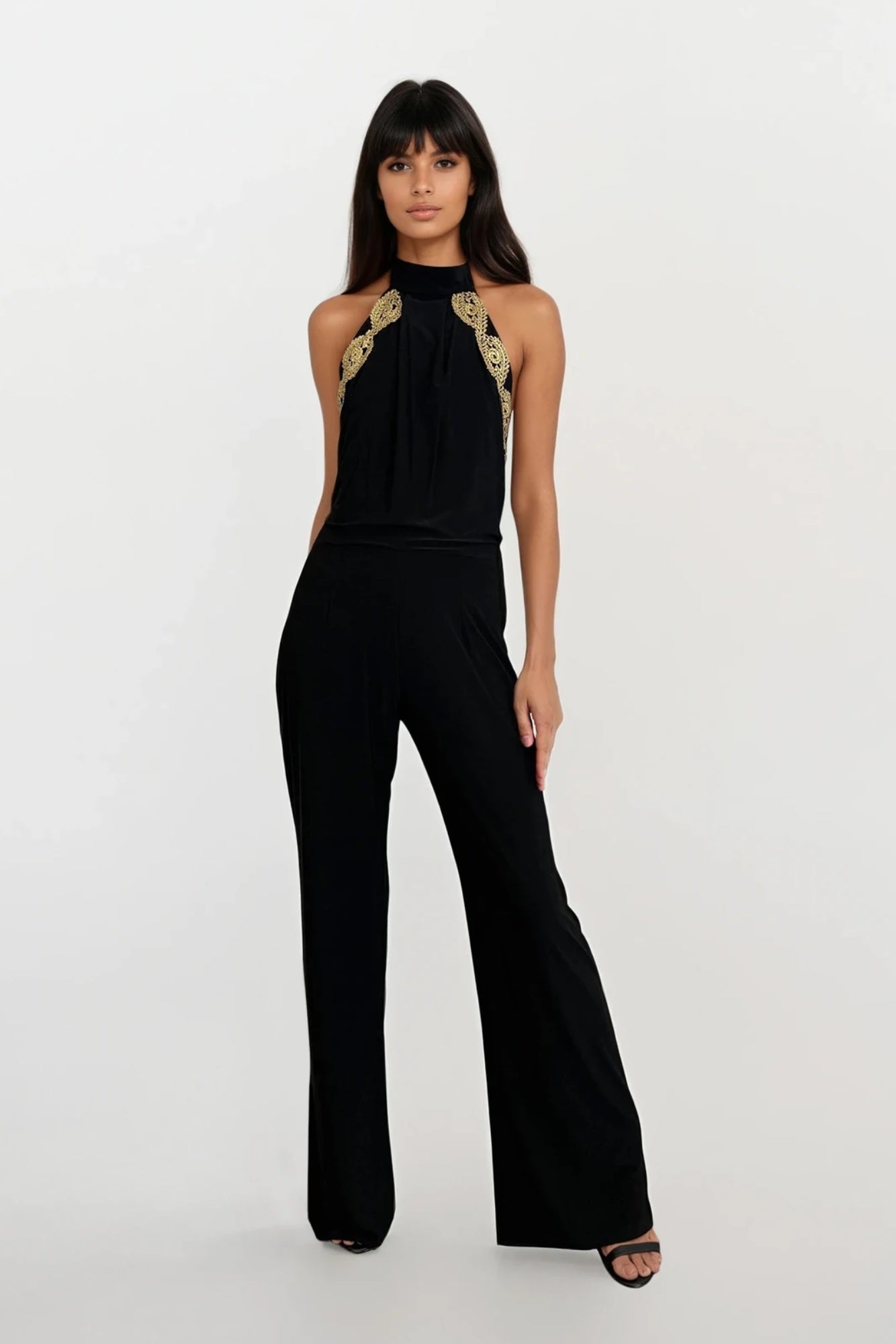 Sasha Black Backless Wide Leg Jumpsuit With Gold Leaf Trim - Side View | Honor Gold