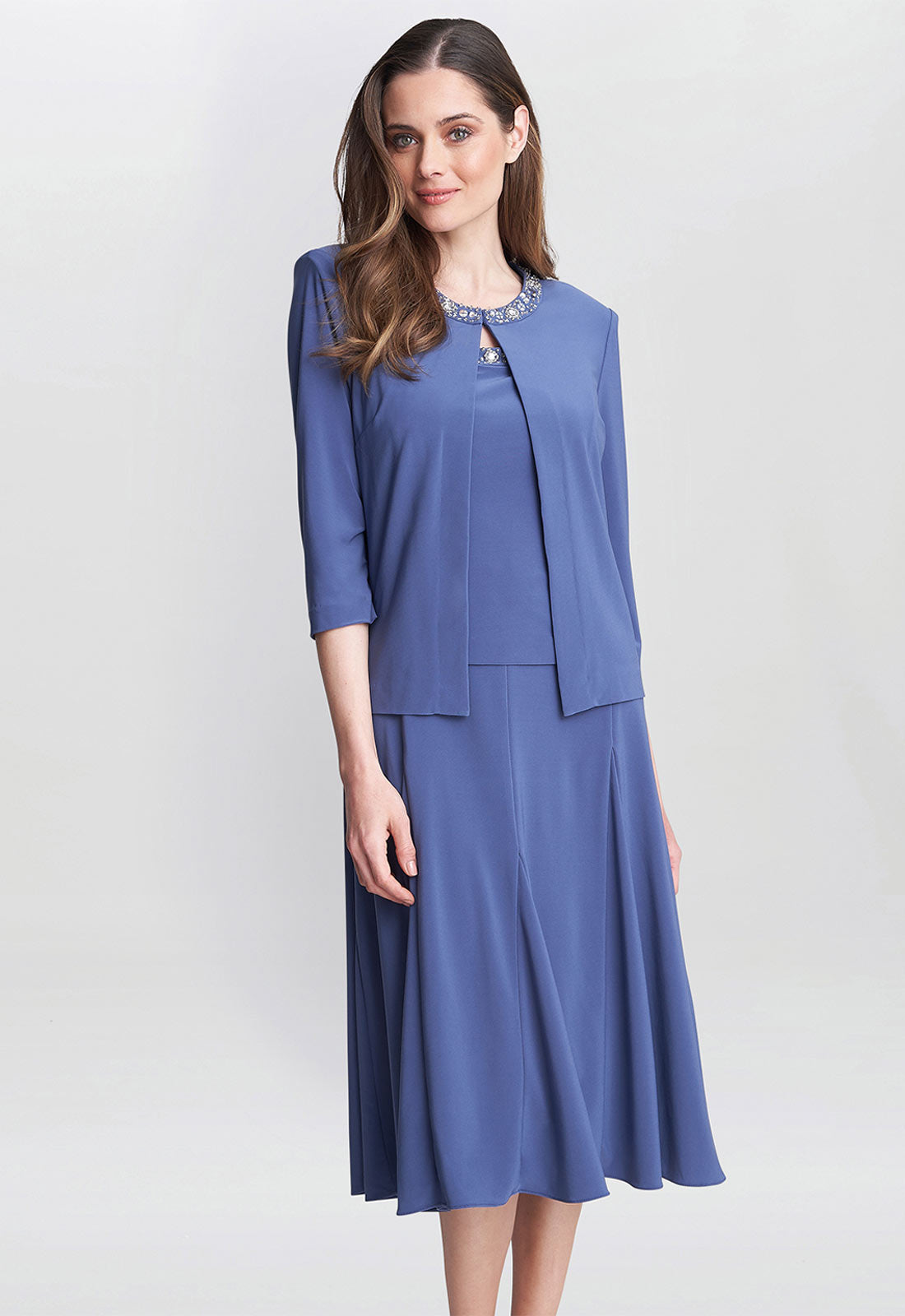 Gina Bacconi Blue Delores Jersey Midi A-Line Jacket Dress