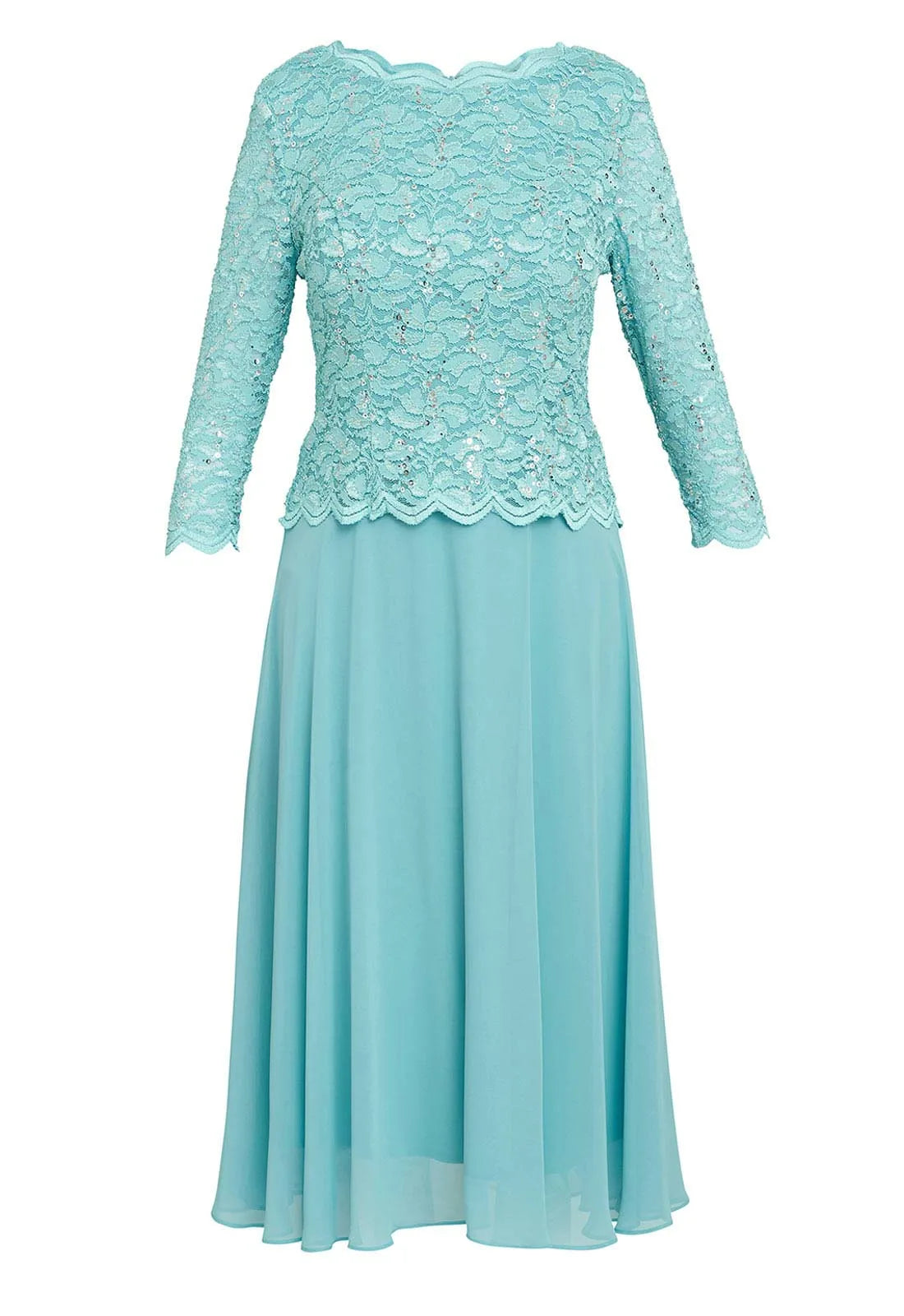Gina Bacconi Sea Blue Rona Midi Dress With Lace Bodice & Chiffon Skirt