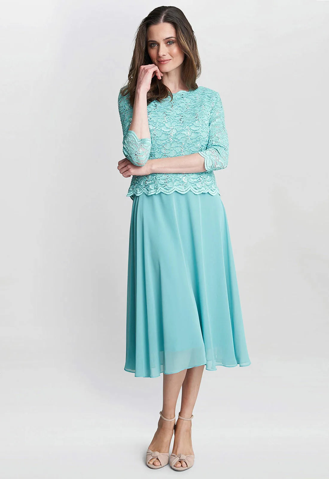 Gina Bacconi Sea Blue Rona Midi Dress With Lace Bodice & Chiffon Skirt