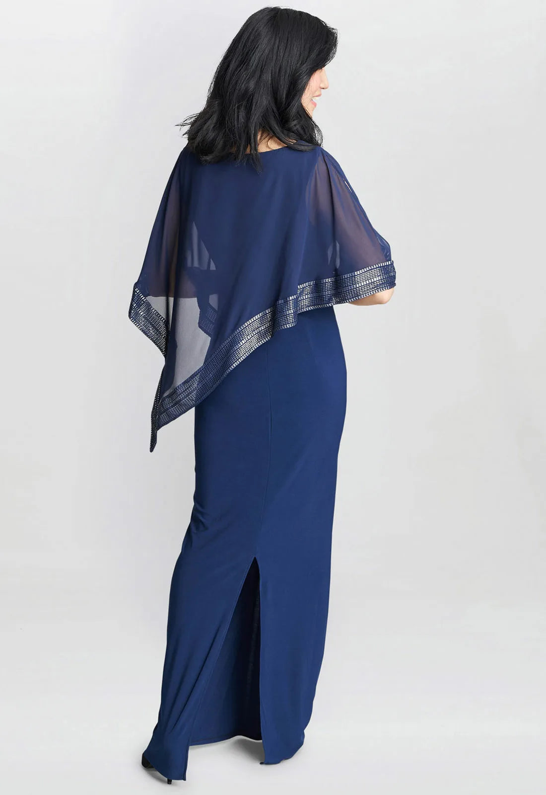 Gina Bacconi Blue Amber Maxi Asymmetrical Cape Dress