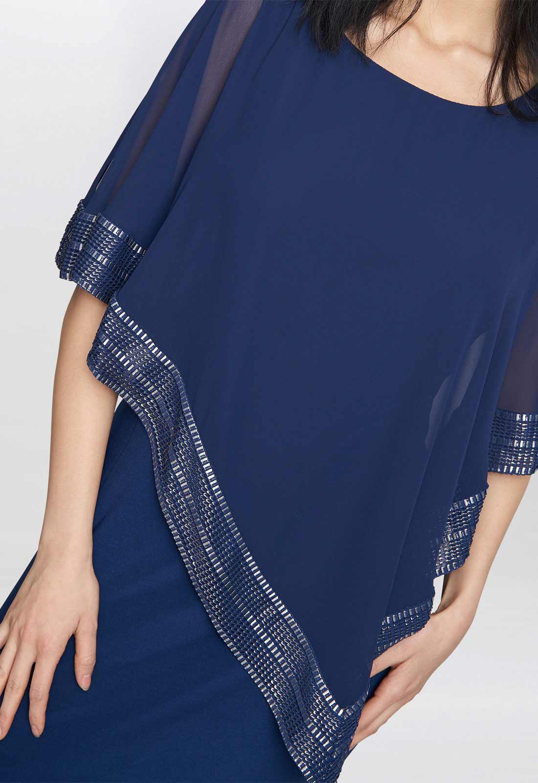Gina Bacconi Blue Amber Maxi Asymmetrical Cape Dress