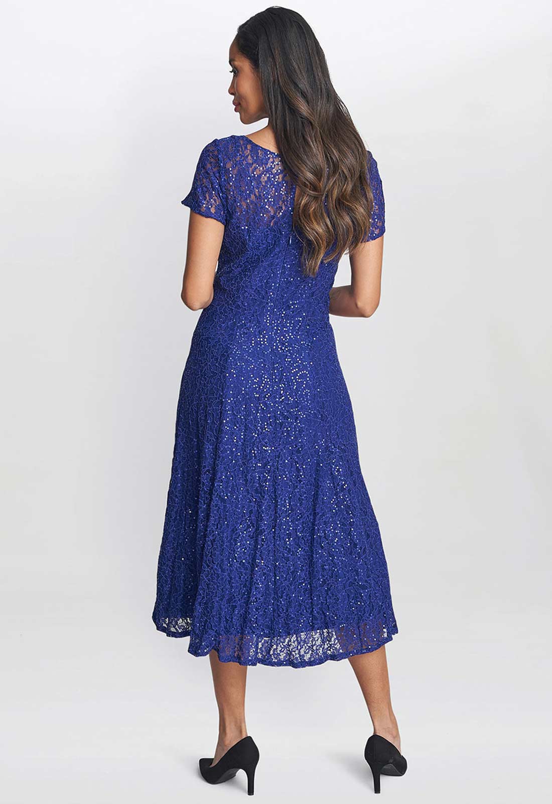 Gina Bacconi Demi Cap Sleeve Midi Length Sequin Lace Dress