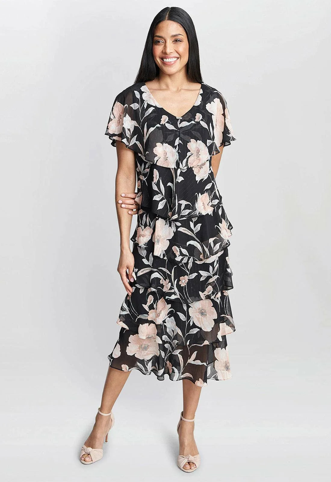 Gina Bacconi Frances Printed Midi Tiered Dress With Trim