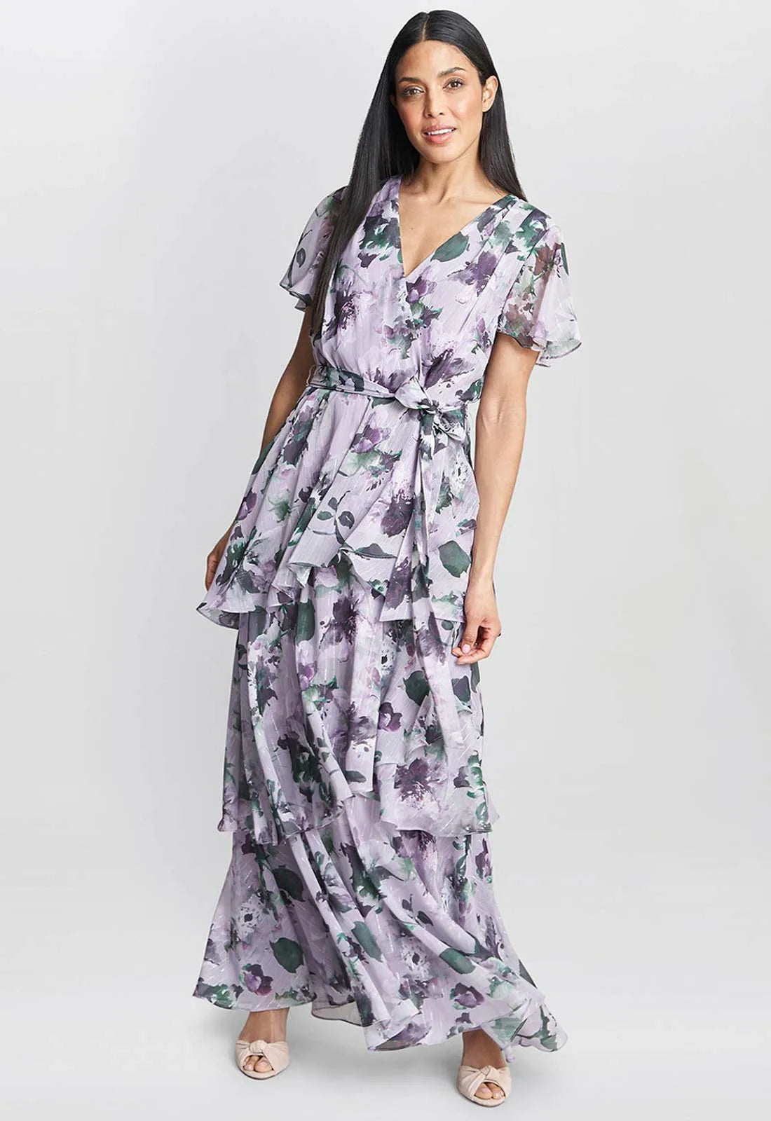 Gina Bacconi Ruby Printed Tiered Maxi Dress With Belt