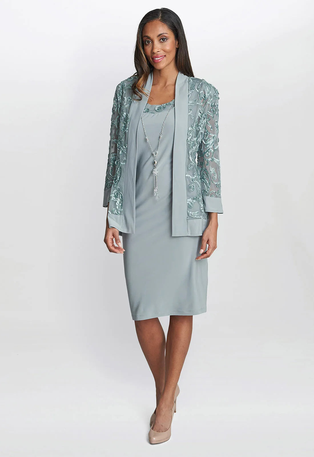 Gina Bacconi Sage Beverley Dress and Jacket with Necklace